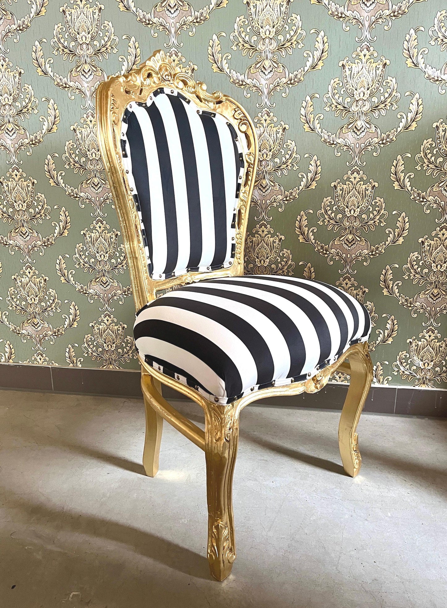 Accent Chair Deluxe Velvet in Black Stripe French Louis XV Style Chair in Gold Finish Retro Baroque Rococo Style Dining Chair for Home Decor