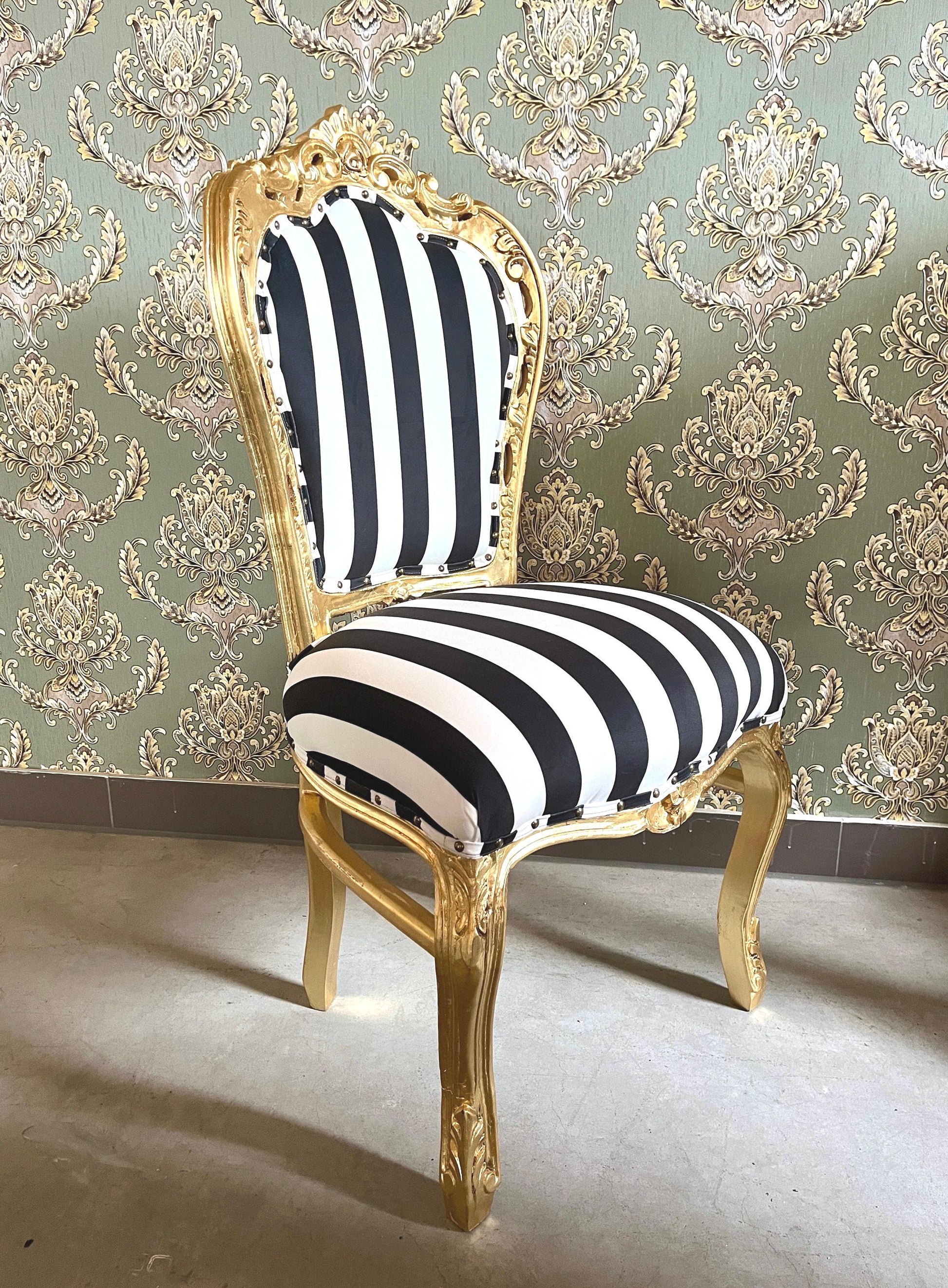 Accent Chair Deluxe Velvet in Black Stripe French Louis XV Style Chair in Gold Finish Retro Baroque Rococo Style Dining Chair for Home Decor