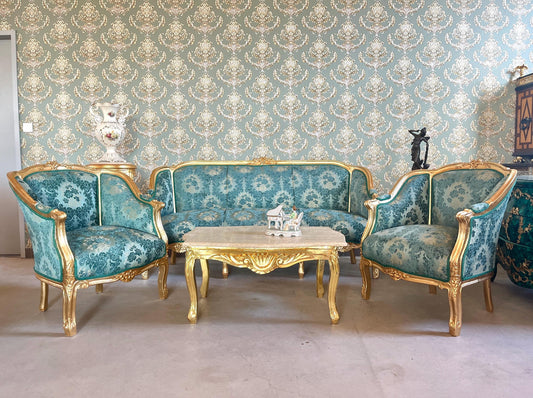 Sofa Set Baroque Style in Turquoise Velvet Color Gold Finish French Antique Style Green Color Damask for Holiday Event Home Decor