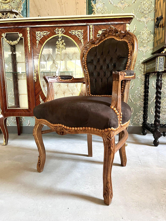 Armchair French Louis Style Brown Color Leather Like Chair Baroque Rococo Style Armchair Antique Style Reproduction Armchair in Brown Color