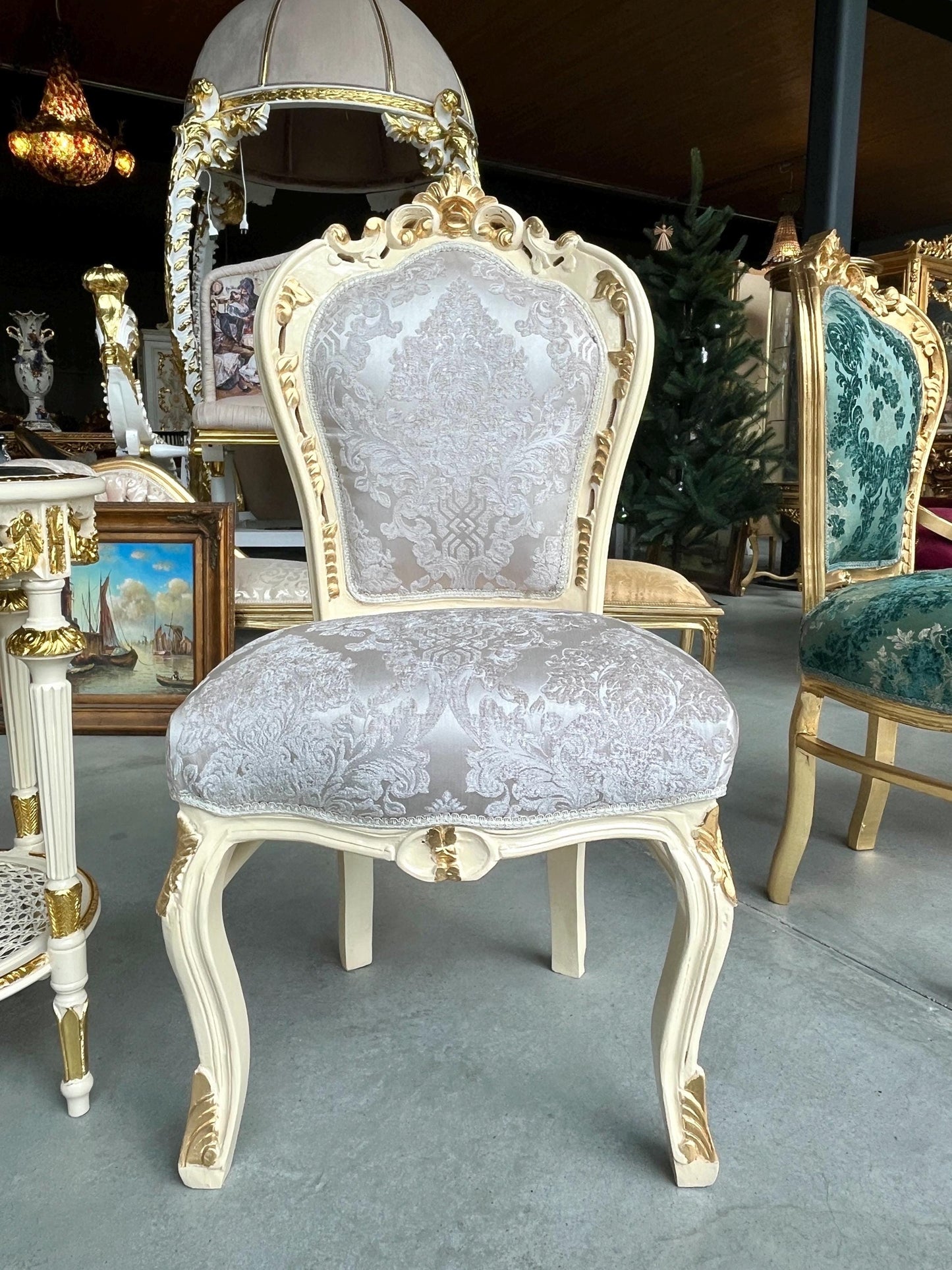 Accent Chair in Ivory Damask French Louis XV Style Dining Chair Handmade in Solid Wood Antique Baroque Style Flower Pattern for Dining Room