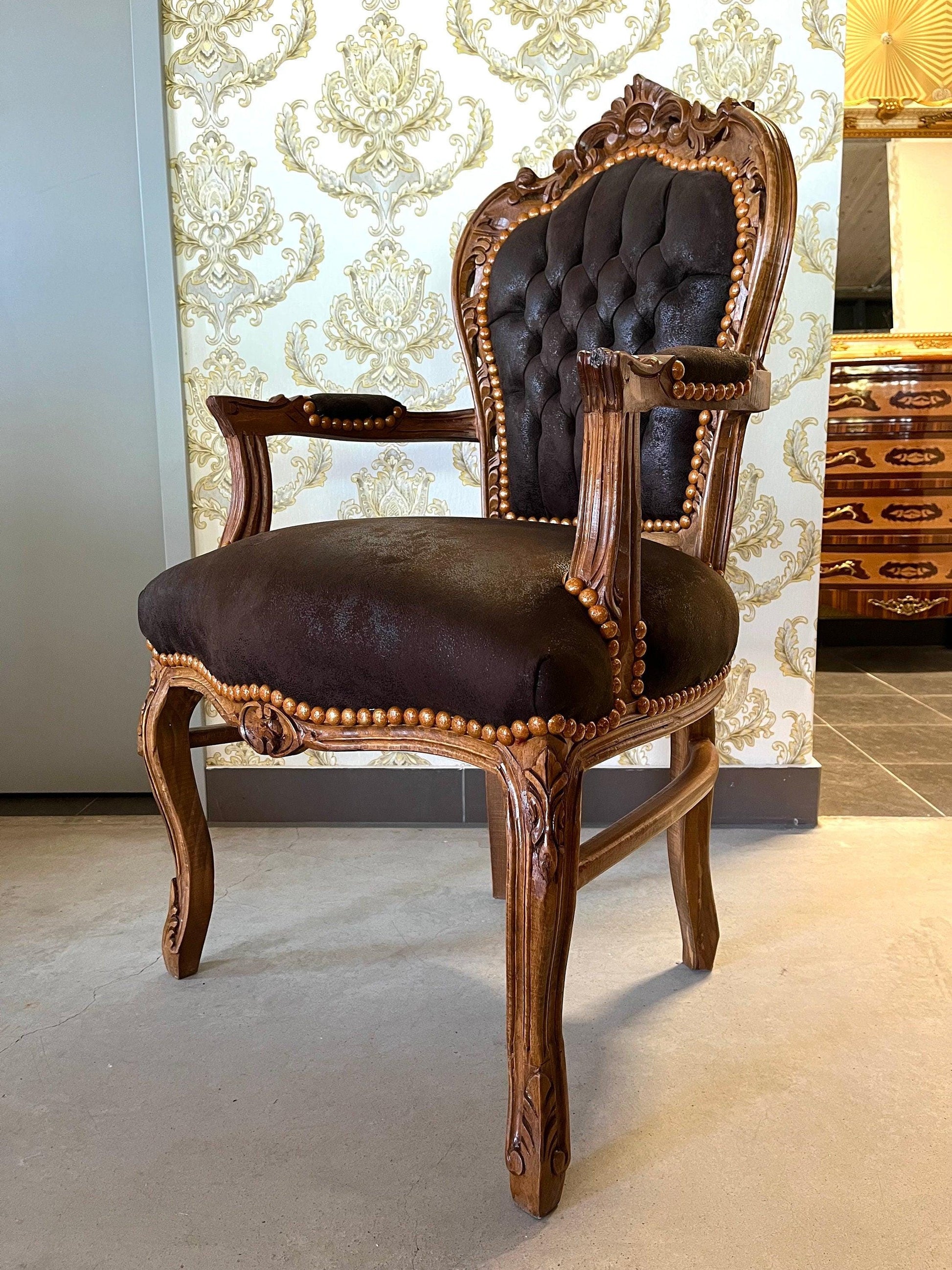 Armchair French Louis Style Brown Color Leather Like Chair Baroque Rococo Style Armchair Antique Style Reproduction Armchair in Brown Color