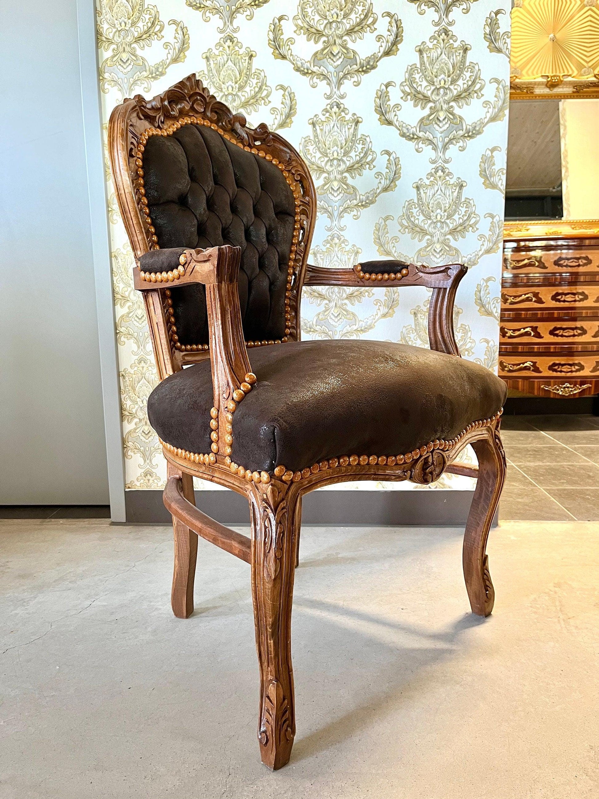 Armchair French Louis Style Brown Color Leather Like Chair Baroque Rococo Style Armchair Antique Style Reproduction Armchair in Brown Color
