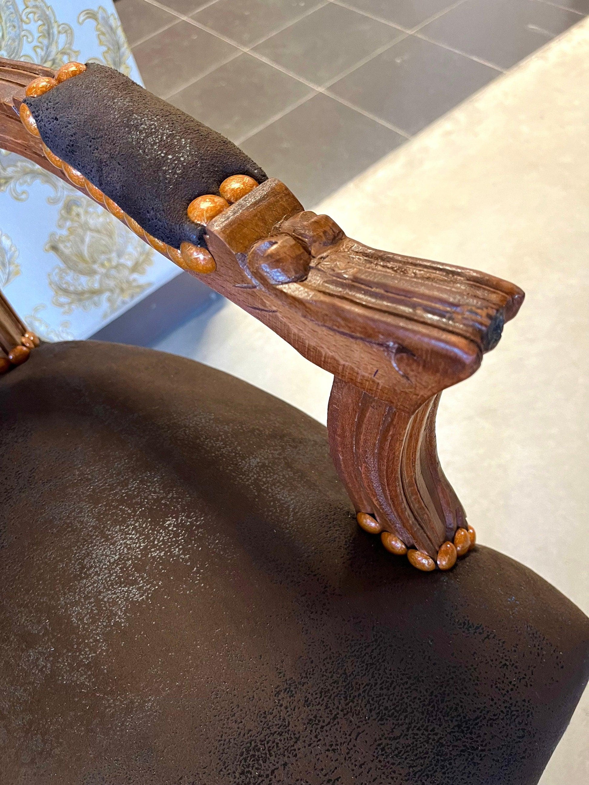 Armchair French Louis Style Brown Color Leather Like Chair Baroque Rococo Style Armchair Antique Style Reproduction Armchair in Brown Color