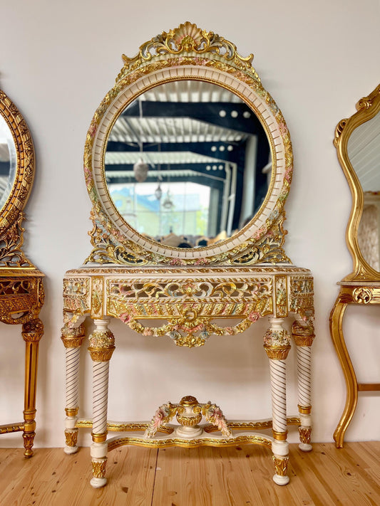 Console Table Mirror Colorful Venetian Style Table Marble Top in Gold Finish Italian Royal Baroque Style for Hotel Decor or Villa House Deco