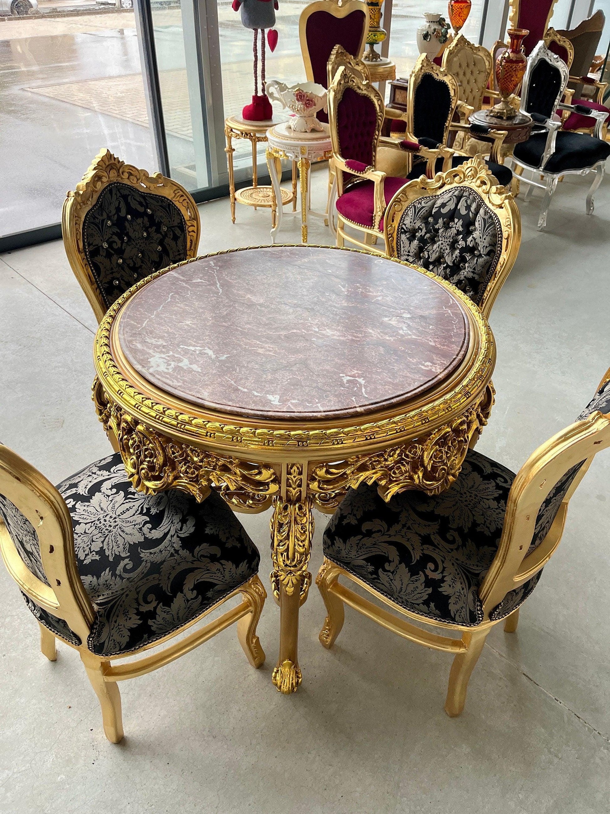 Round Table Retro Baroque Rococo Style Marble Top French Antique Style Wooden Table Gold Finish for Home Decor