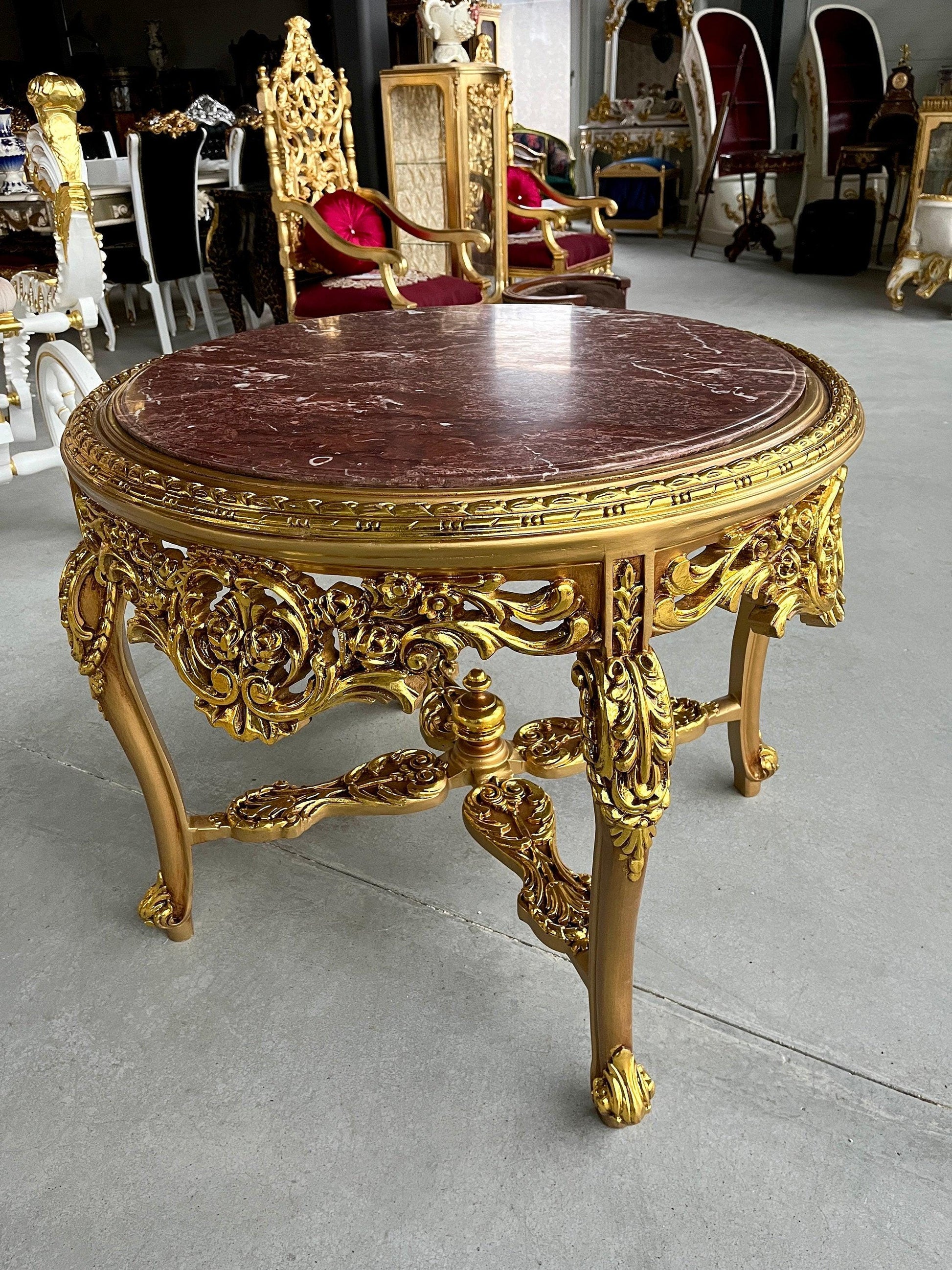 Round Table Retro Baroque Rococo Style Marble Top French Antique Style Wooden Table Gold Finish for Home Decor