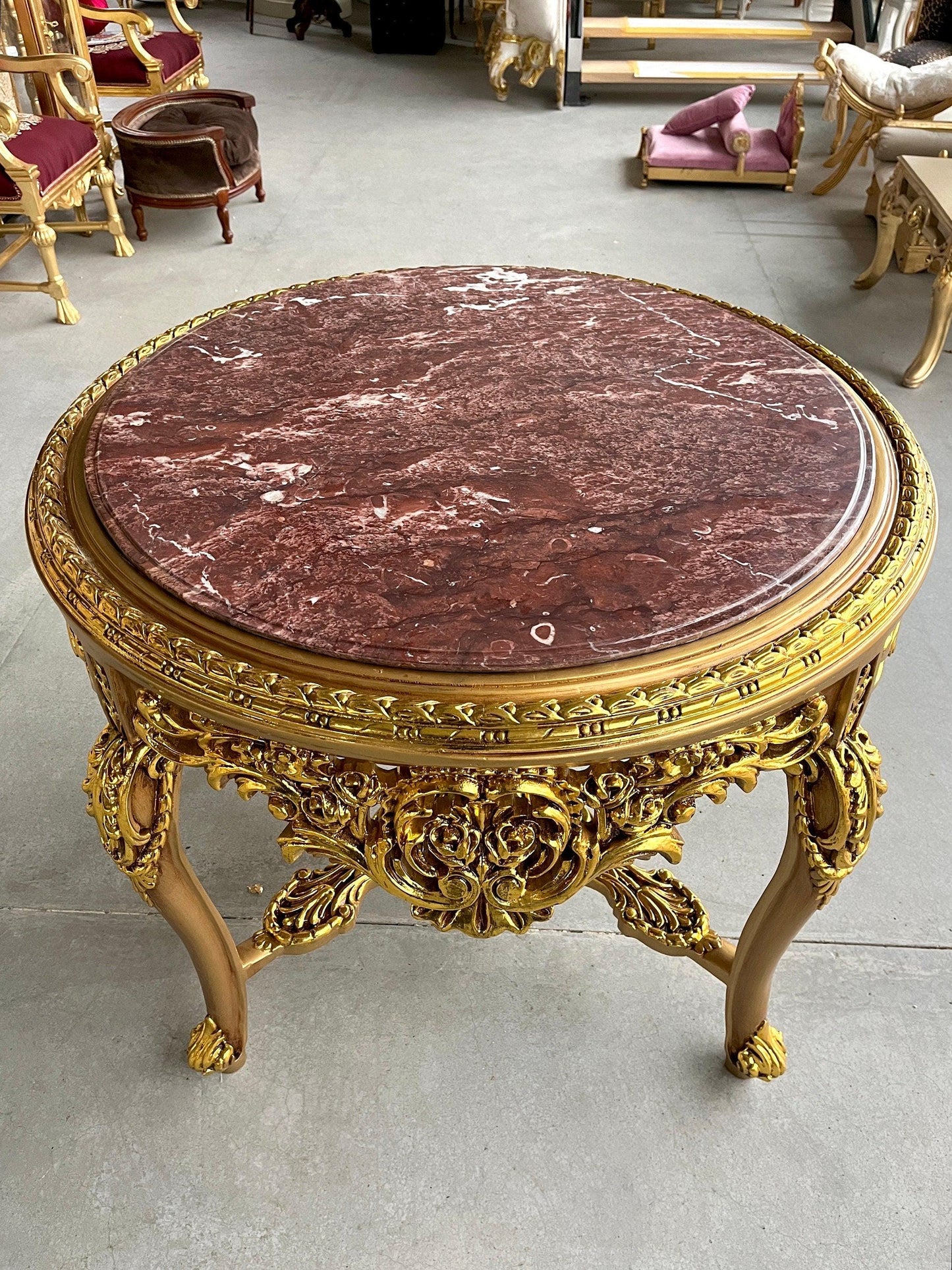 Round Table Retro Baroque Rococo Style Marble Top French Antique Style Wooden Table Gold Finish for Home Decor