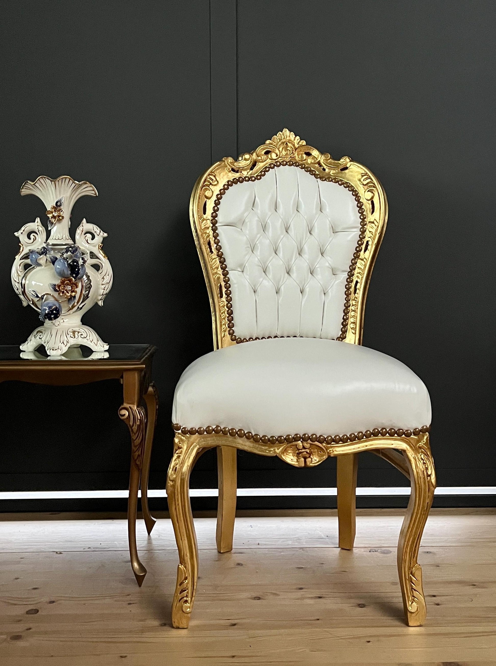 Accent Chair White Faux Leather French Rococo Chair for Dining Room Antique Style White Dining Chair in Gold Finish for Wedding Party Event
