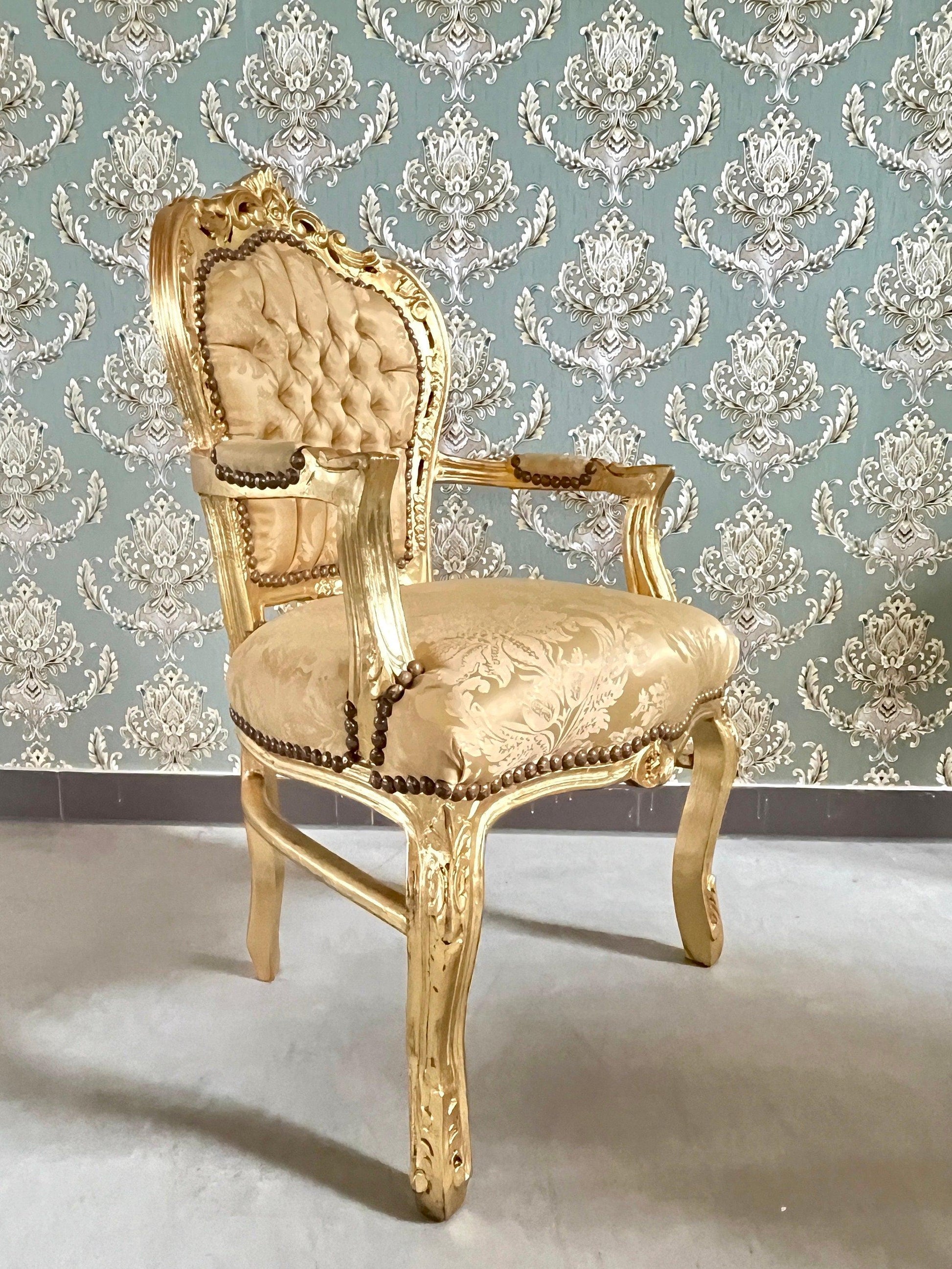 Armchair French Louis XV Style in Gold Finish Retro Baroque Rococo Style Chair Handcrafted for Home Decor