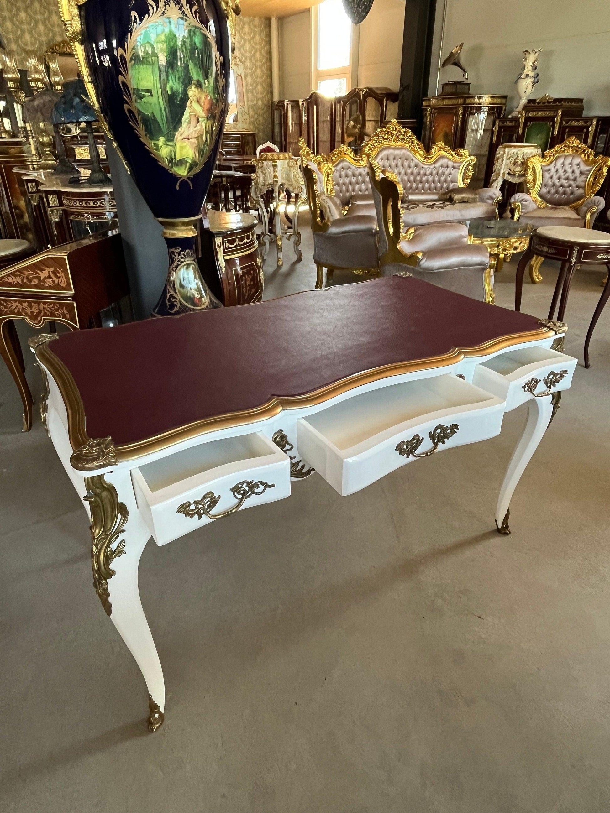 Luxurious Wooden Desk Antique Baroque Style Writing Desk with Bronze Ornament Lacquered in White & Top Surface in Bordeaux Color - LIMITED