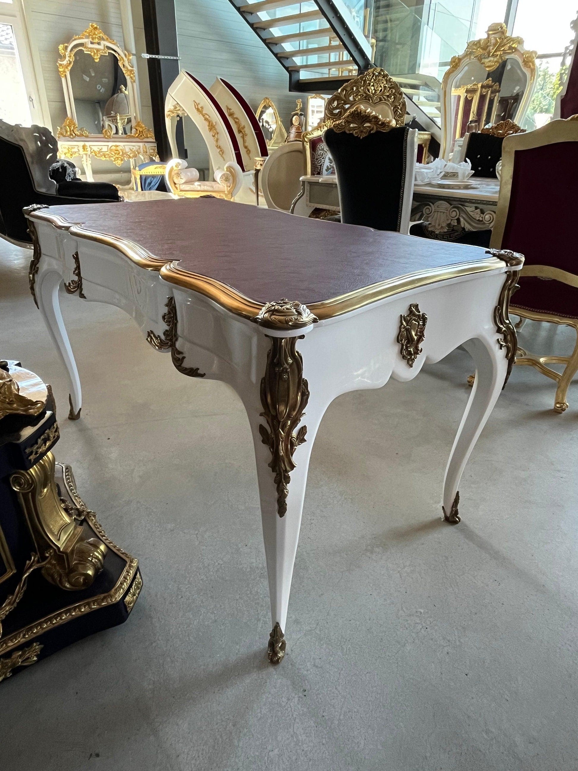 Luxurious Wooden Desk Antique Baroque Style Writing Desk with Bronze Ornament Lacquered in White & Top Surface in Bordeaux Color - LIMITED