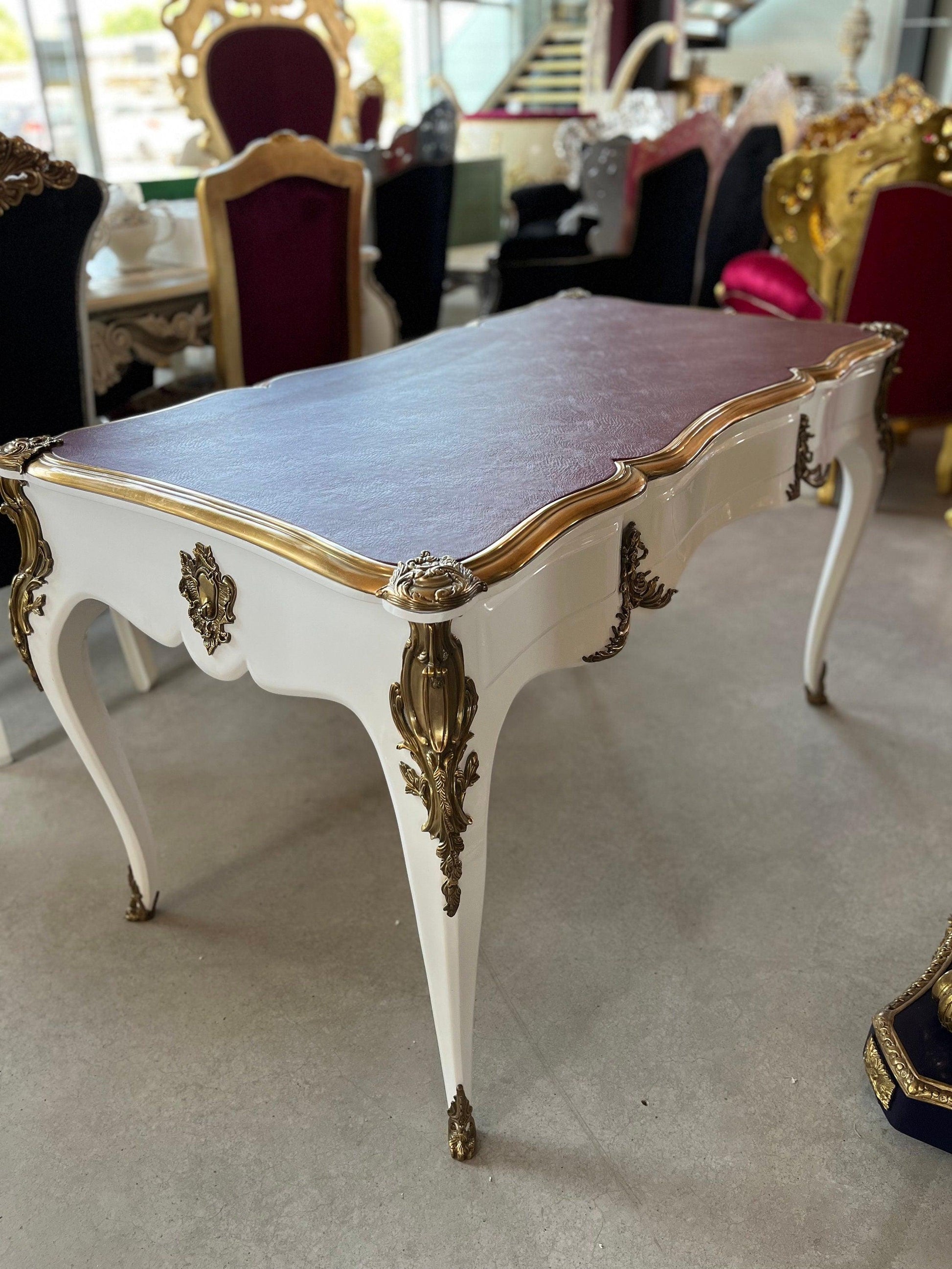 Luxurious Wooden Desk Antique Baroque Style Writing Desk with Bronze Ornament Lacquered in White & Top Surface in Bordeaux Color - LIMITED