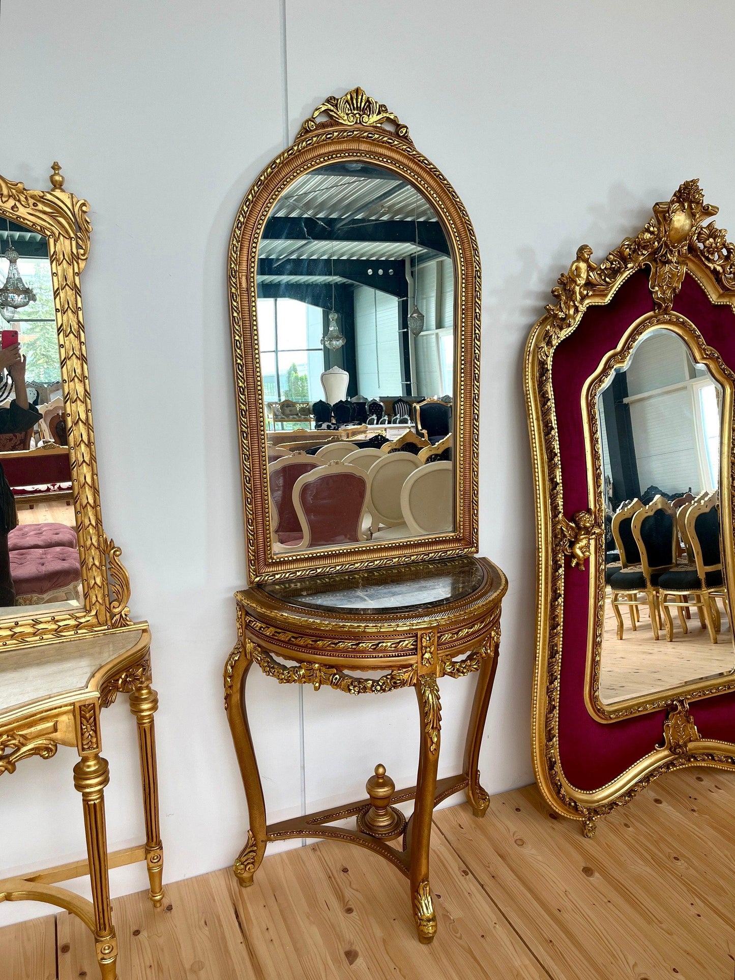 Konsolentisch mit Standspiegel Antik Barock Handarbeit Stil / Console Table with Standing Mirror Antique Baroque Handmade Marble Top