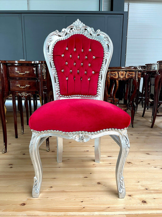 French Baroque, Rococo, Barock Essensstuhl, Antique Style Chair- Silver Red