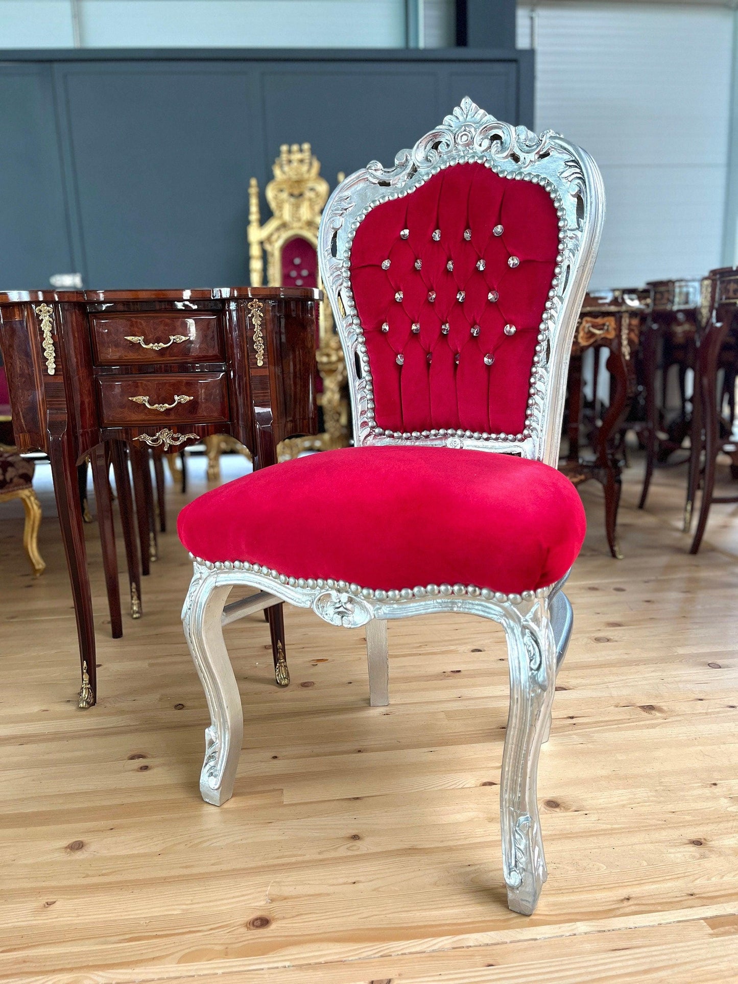 French Baroque, Rococo, Barock Essensstuhl, Antique Style Chair- Silver Red