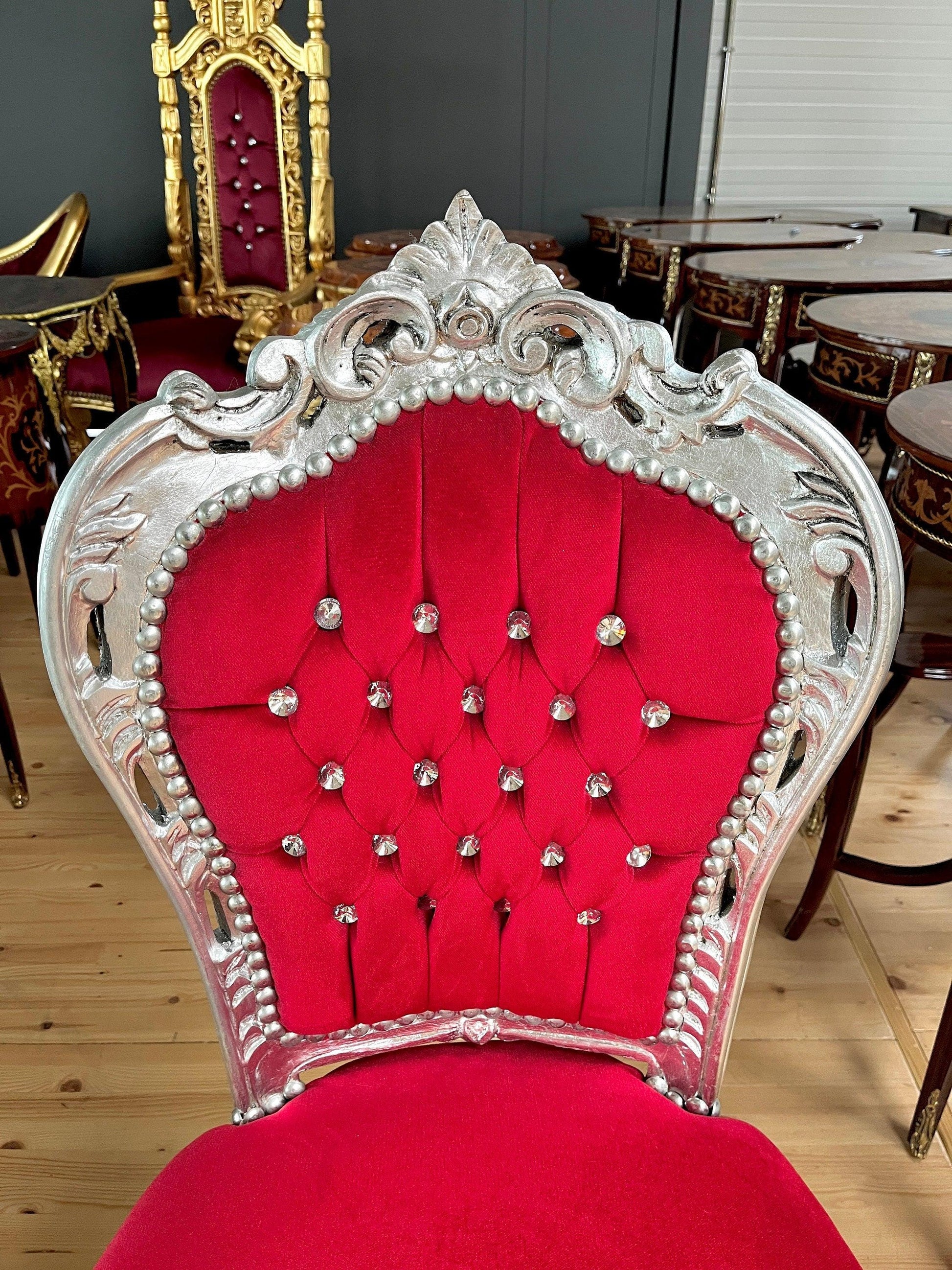 French Baroque, Rococo, Barock Essensstuhl, Antique Style Chair- Silver Red
