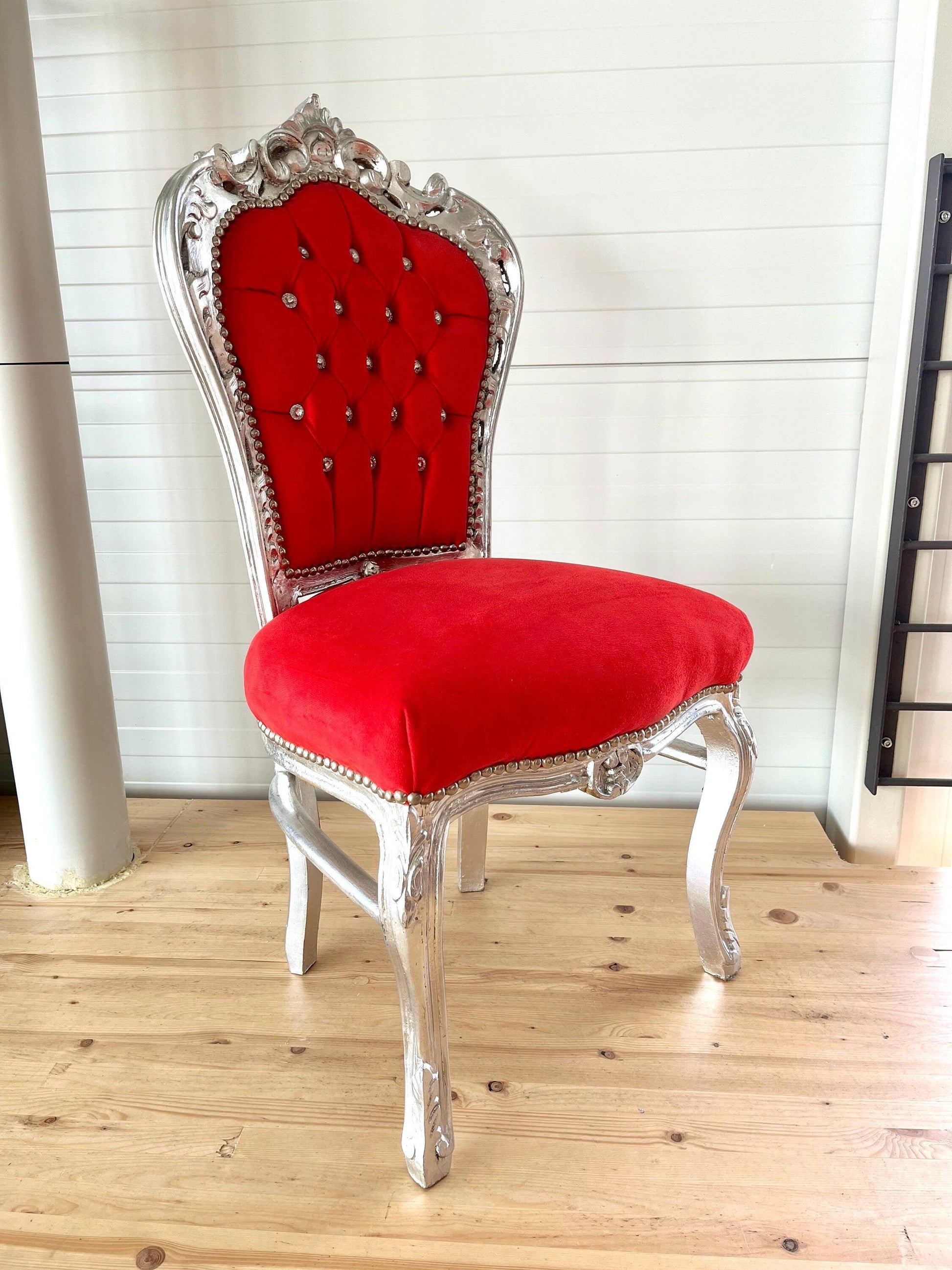 French Baroque, Rococo, Barock Essensstuhl, Antique Style Chair- Silver Red