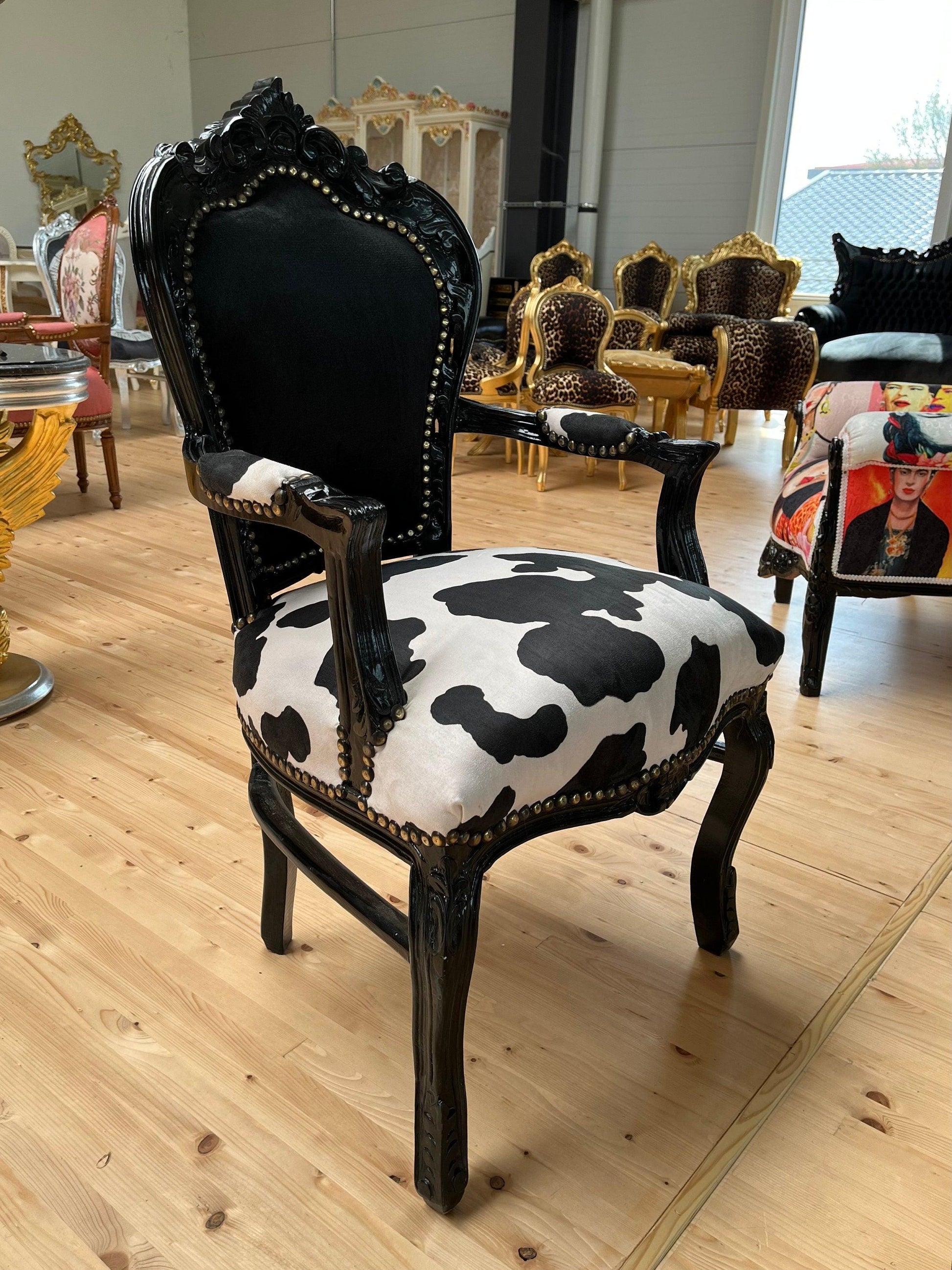 Armchair Louis XV Black Velvet Chair French Baroque Armchair in Animal Print For Lounge Room Chair Dairy Cow Print Black Armchair Home Decor