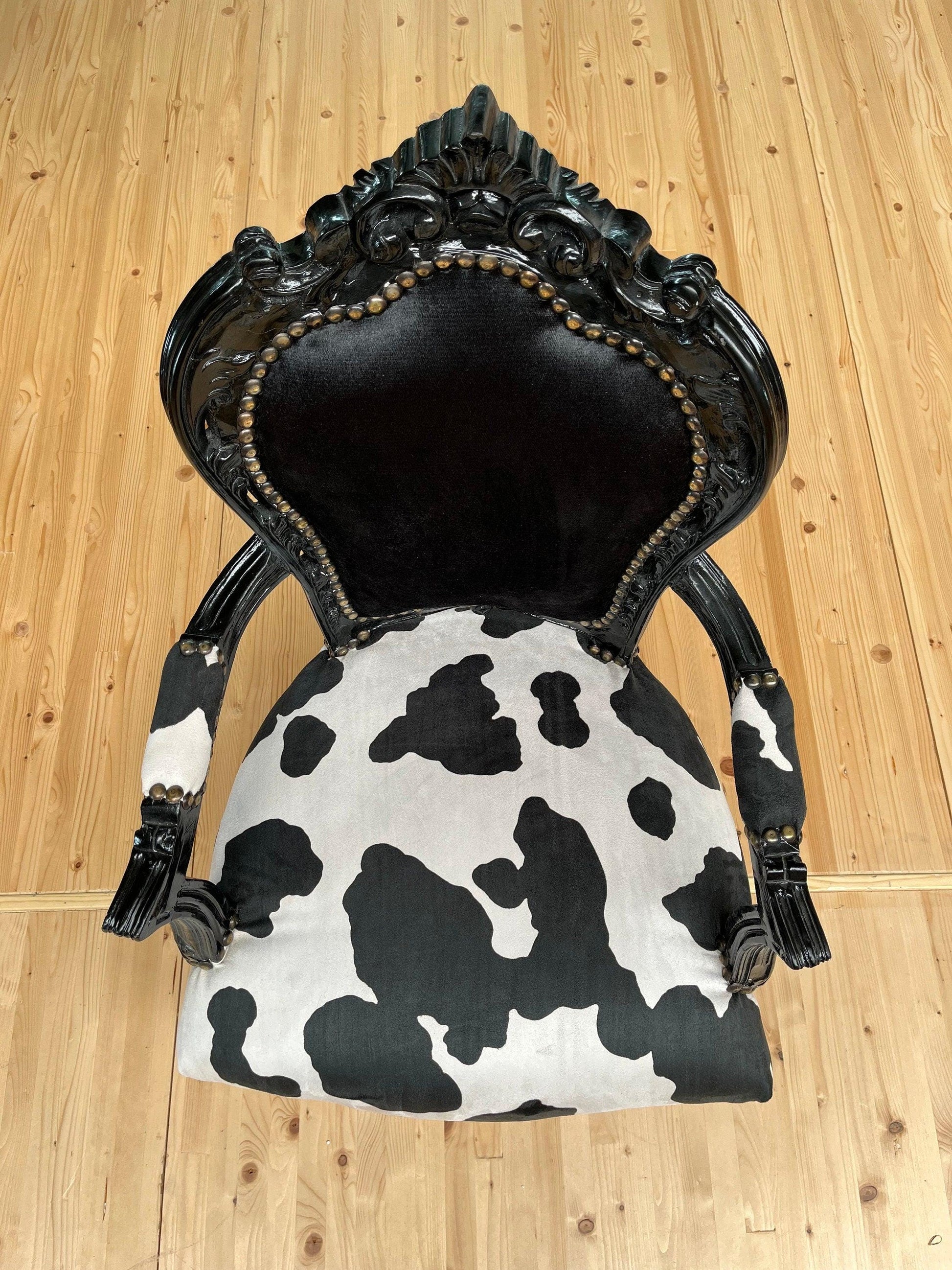 Armchair Louis XV Black Velvet Chair French Baroque Armchair in Animal Print For Lounge Room Chair Dairy Cow Print Black Armchair Home Decor