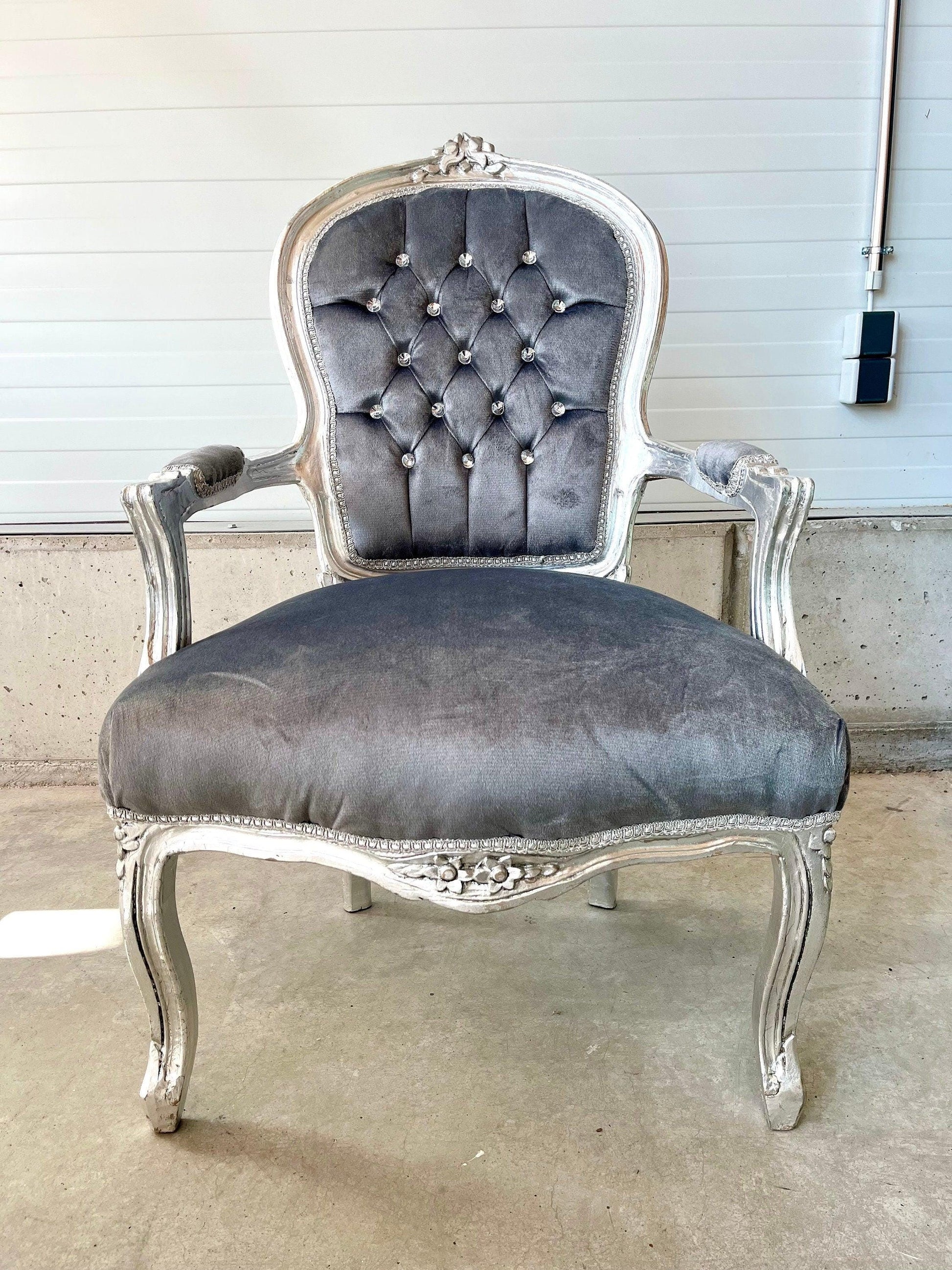 Armchair French Louis Style Grey Velvet Chair Antique Style Silver Finish Baroque Rococo Style Armchair for Home