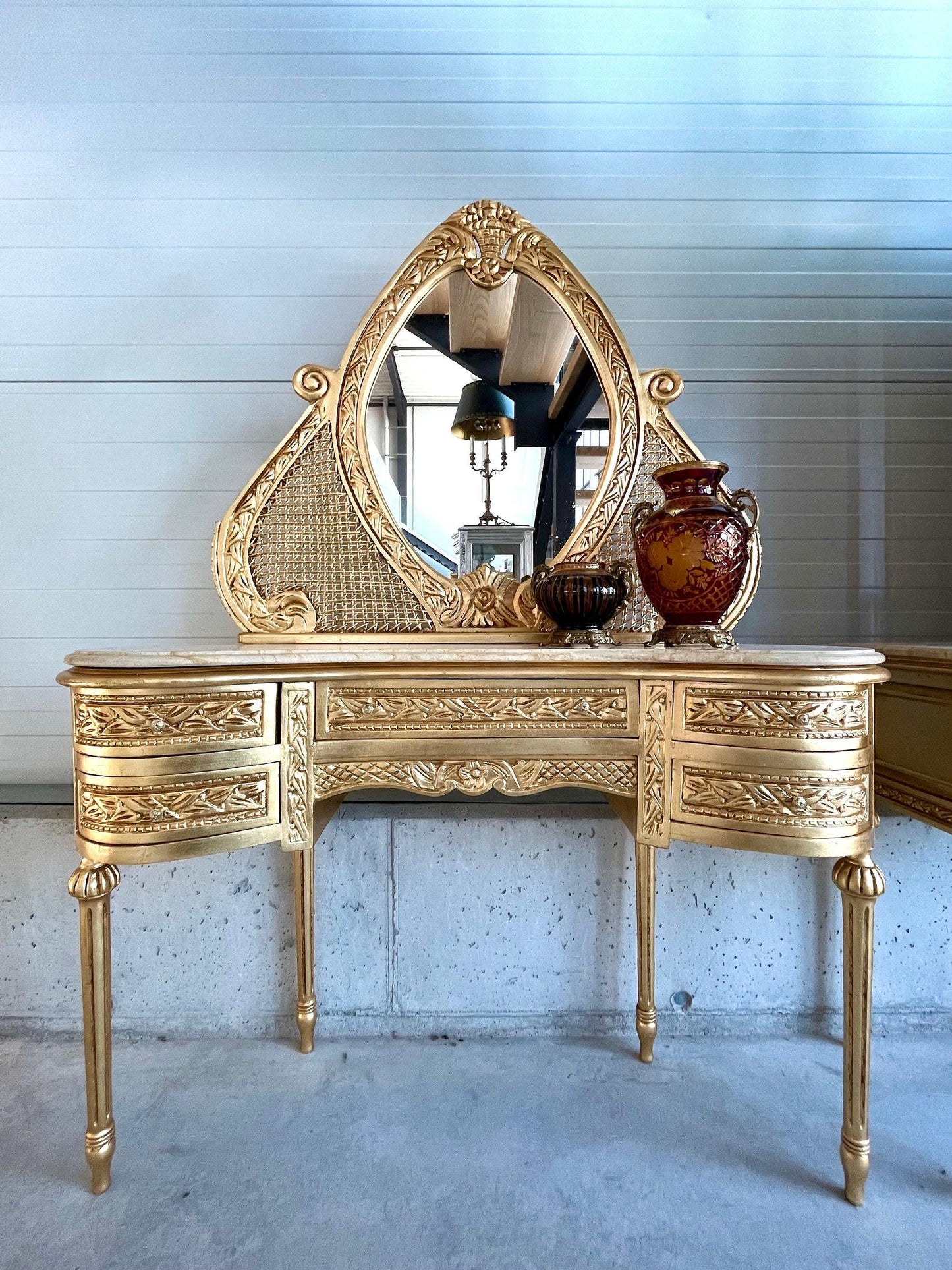 Mirror and Desk Set French Antique Style with Marble Slab Top Wooden Table Baroque Rococo Style in Gold Finish for Home Decor