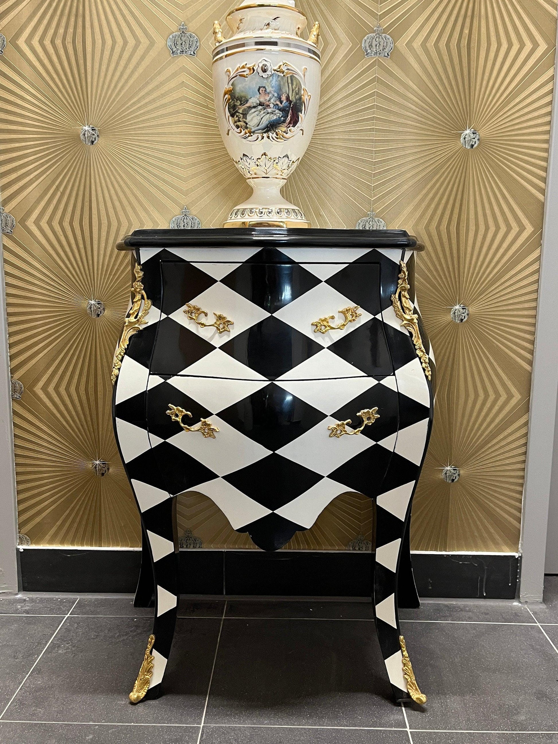 Night Stand Deluxe French Louis Baroque Style Chest of drawer in Black Diamond Print Bronze Handle Home Decor Bedside Table for Bedroom Deco