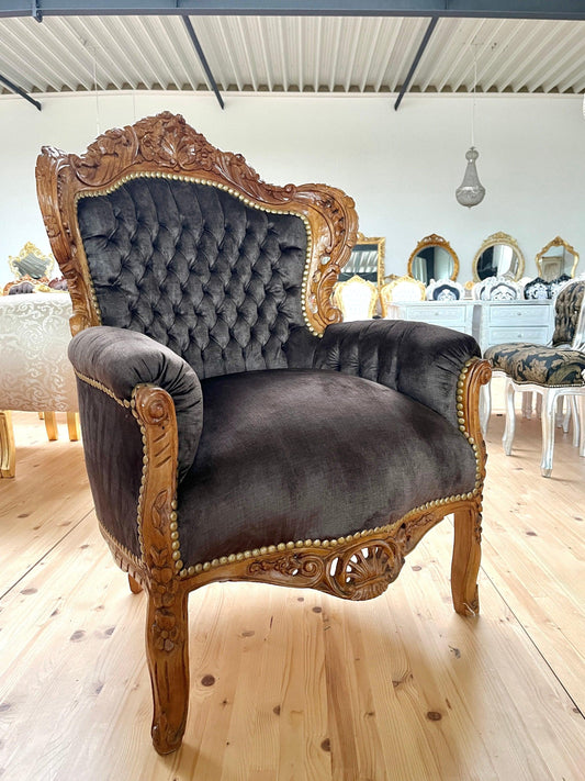 Armchair French Baroque Rococo Style Wooden Sofa Chair Antique Style in Velvet Chocolate Color for Living Room Home Decor
