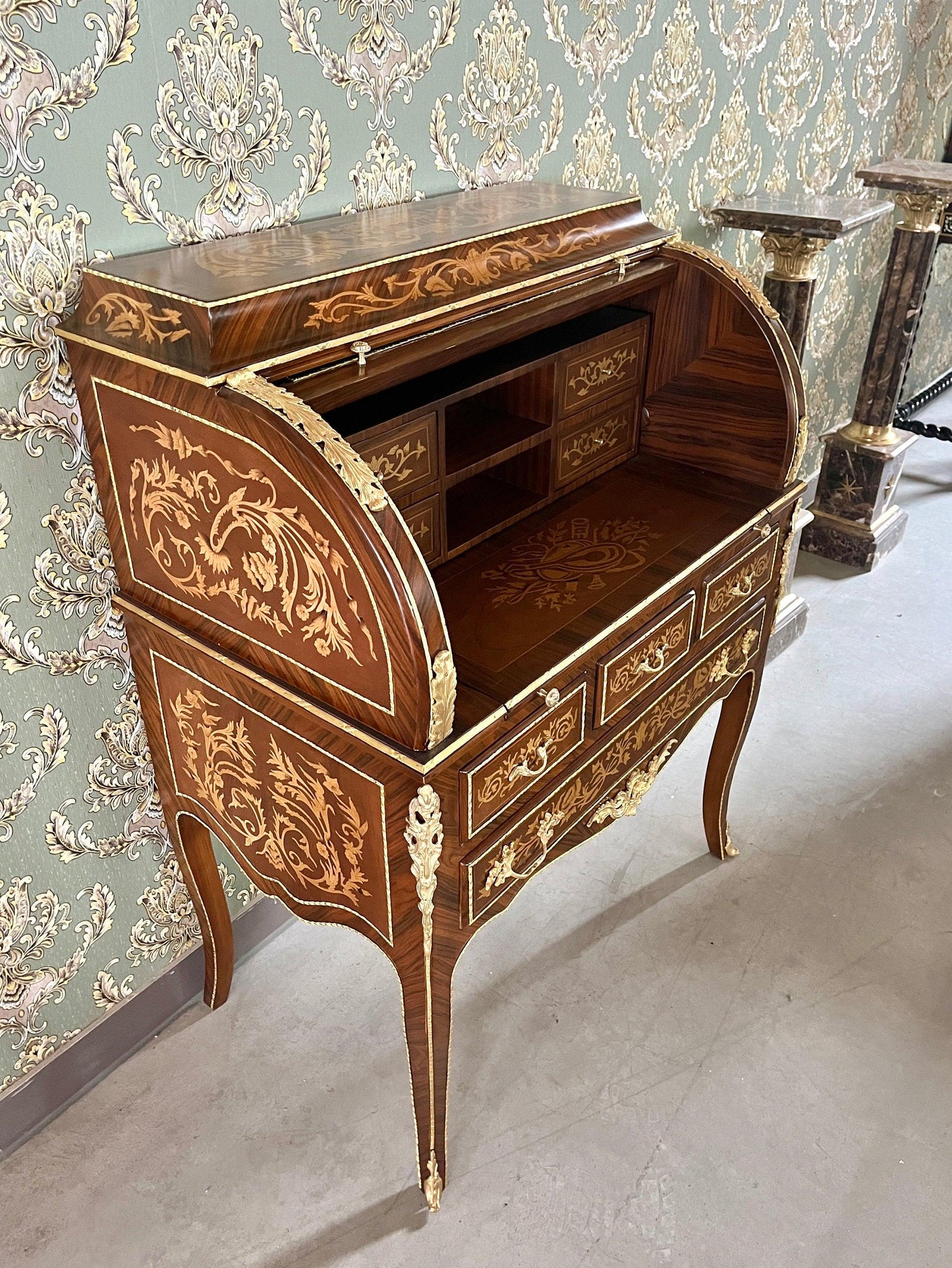 Secretary Desk Nostalgic Antique Style Wooden Brown Table & Shelf with A Extended Writing Board for Deluxe Home Décor - LIMITED