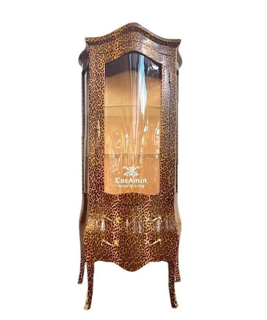 Display Cabinet Leopard Print French Antique Style Showcase in Animal Pattern Brown Color Vitrine for Home Decor
