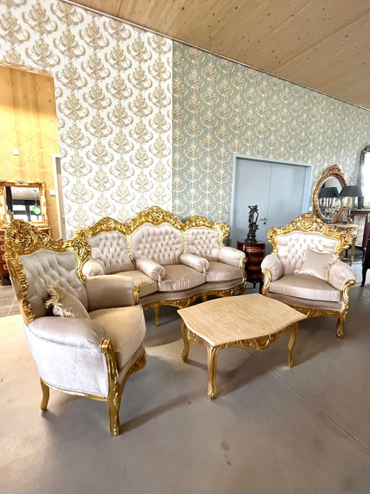 Sofa Set French Louis XV Style Tufted Velvet Beige Color in Gold Finish Marble Top Coffee Table Retro Baroque Style Sofa Set