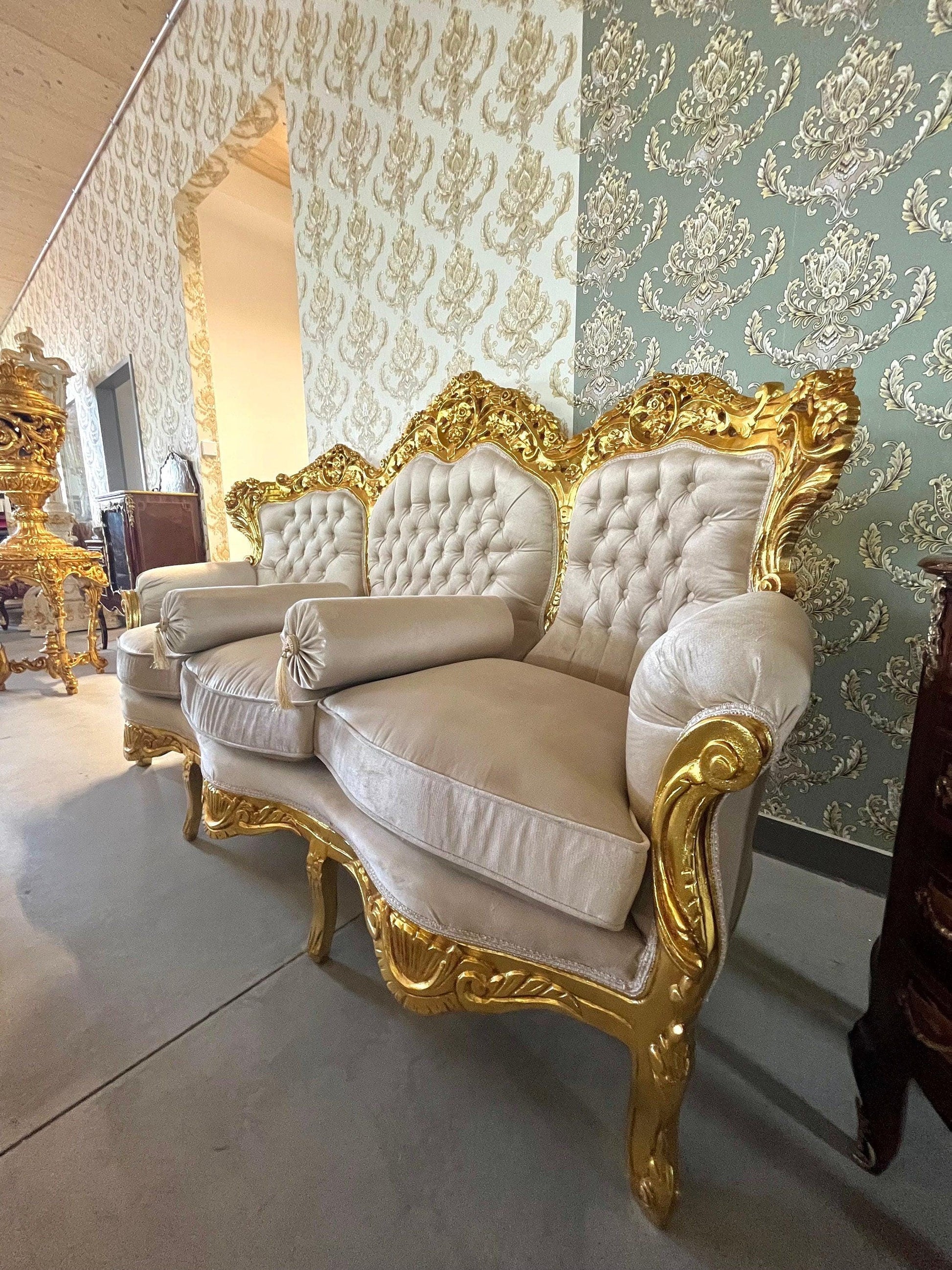 Sofa Set French Louis XV Style Tufted Velvet Beige Color in Gold Finish Marble Top Coffee Table Retro Baroque Style Sofa Set