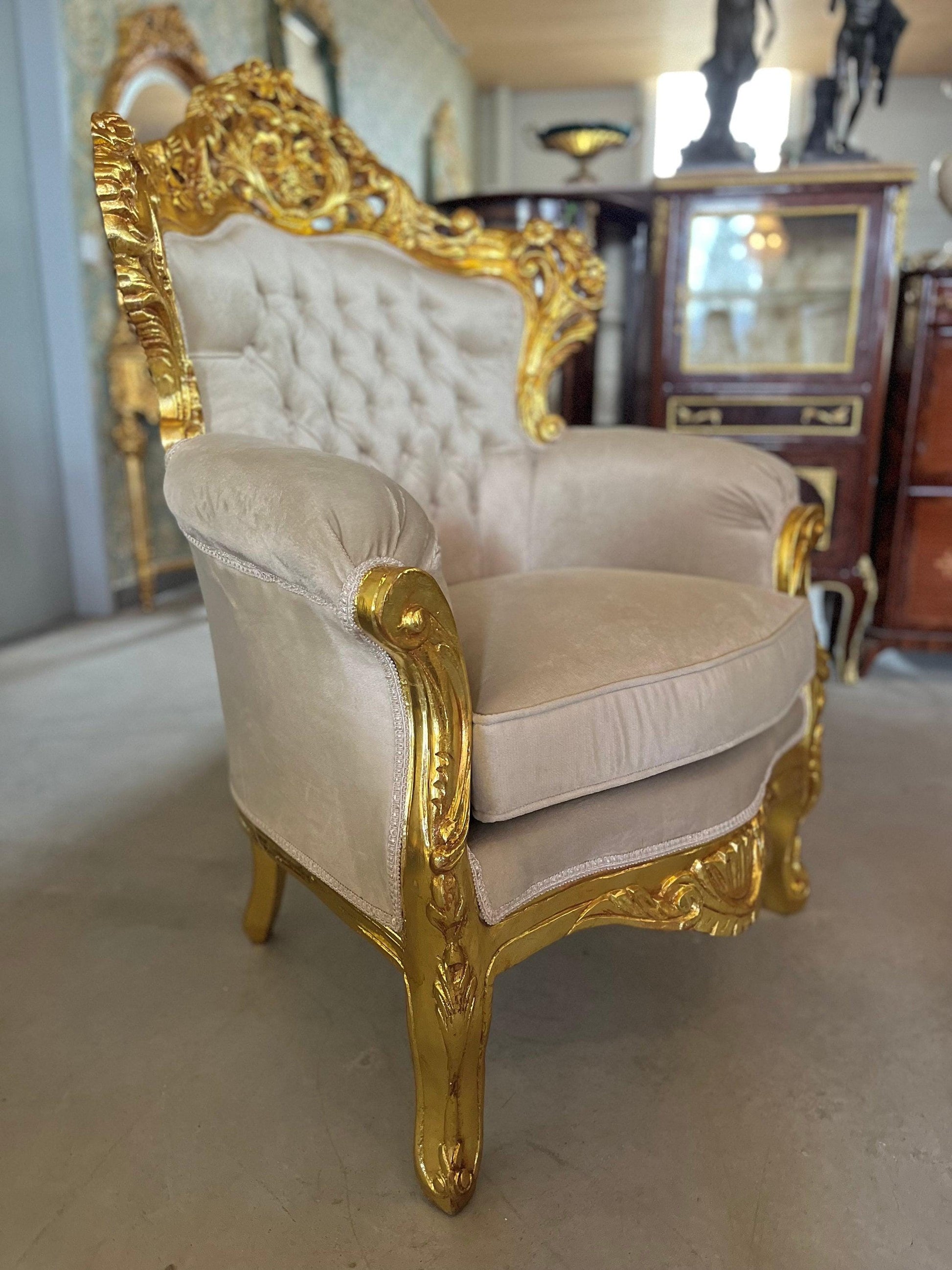 Sofa Set French Louis XV Style Tufted Velvet Beige Color in Gold Finish Marble Top Coffee Table Retro Baroque Style Sofa Set