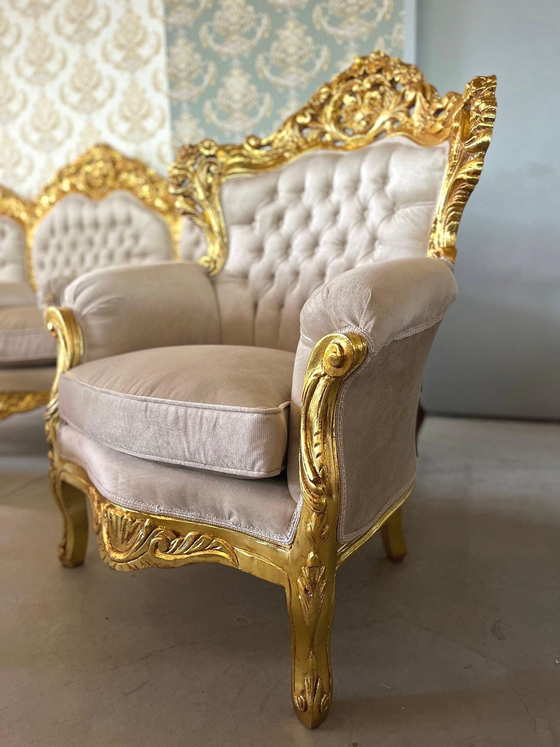 Sofa Set French Louis XV Style Tufted Velvet Beige Color in Gold Finish Marble Top Coffee Table Retro Baroque Style Sofa Set