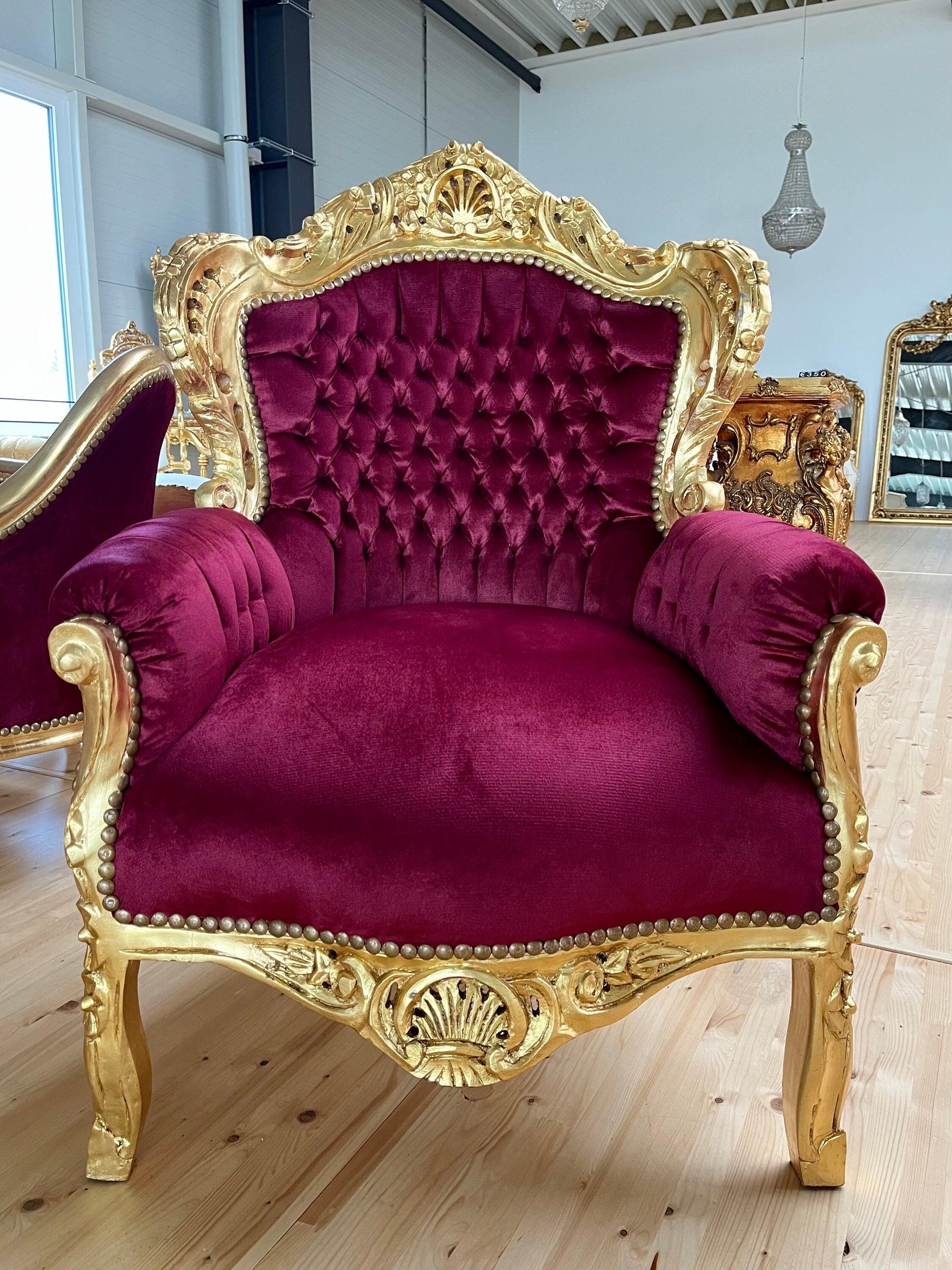 Accent Armchair Velvet Red French Louis Style in Gold Finish Santa Xmas Red Chair Baroque Rococo Style For Holiday Decor Xmas Party Event
