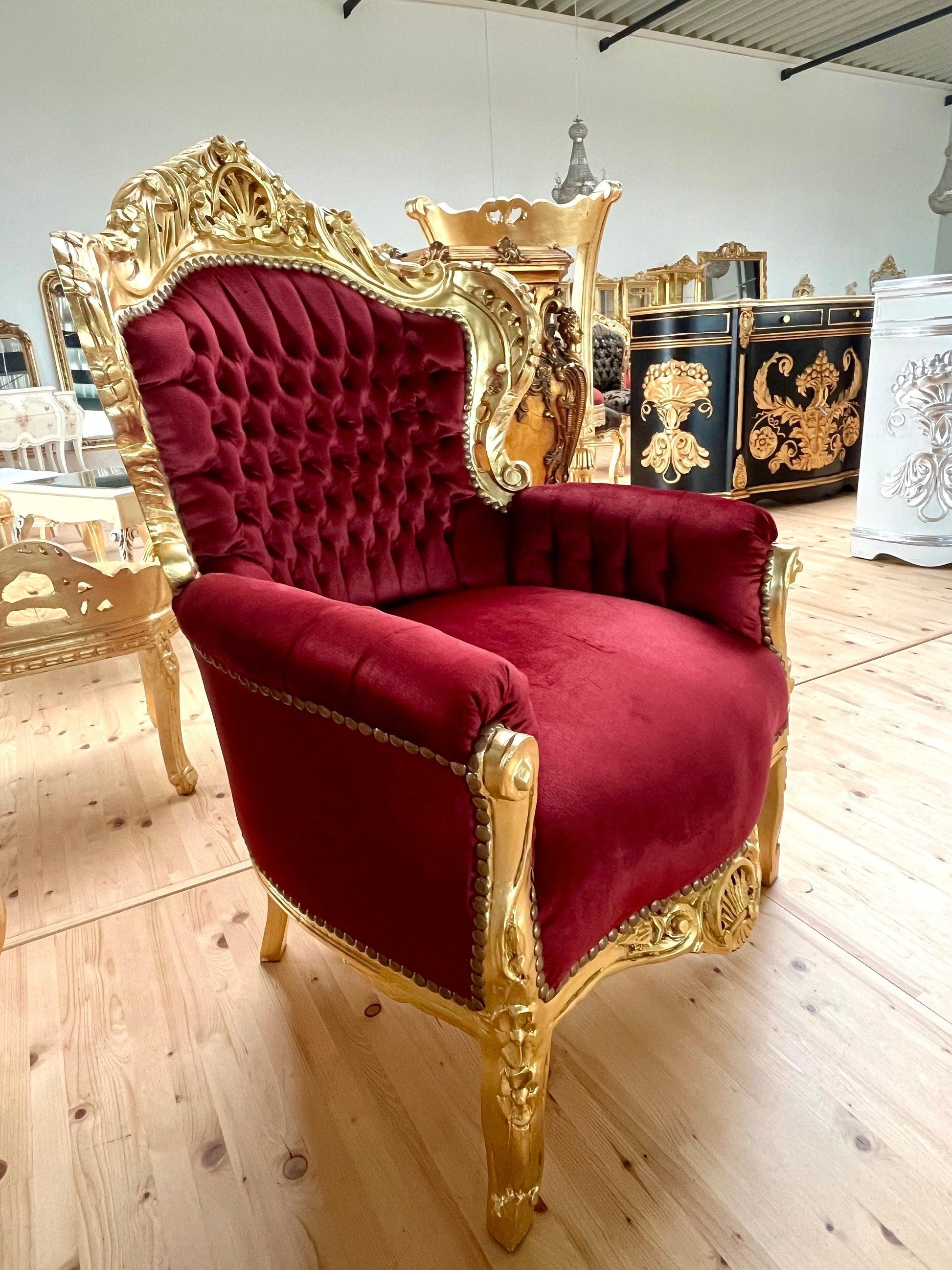 Accent Armchair Velvet Red French Louis Style in Gold Finish Santa Xmas Red Chair Baroque Rococo Style For Holiday Decor Xmas Party Event