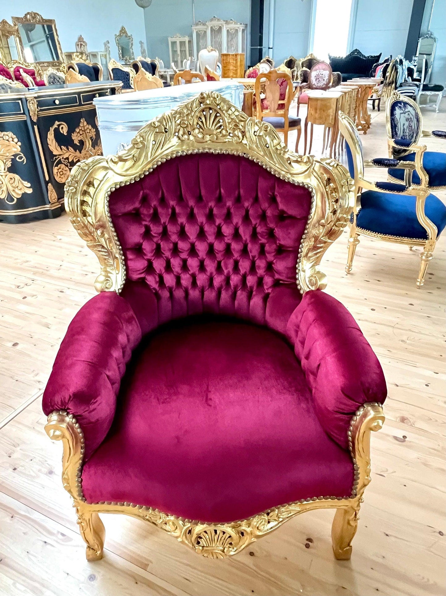 Accent Armchair Velvet Red French Louis Style in Gold Finish Santa Xmas Red Chair Baroque Rococo Style For Holiday Decor Xmas Party Event