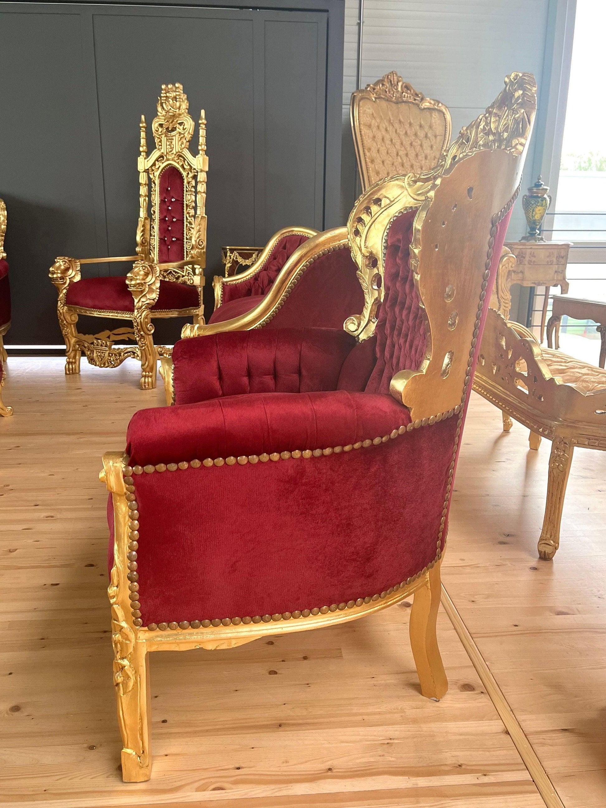 Accent Armchair Velvet Red French Louis Style in Gold Finish Santa Xmas Red Chair Baroque Rococo Style For Holiday Decor Xmas Party Event