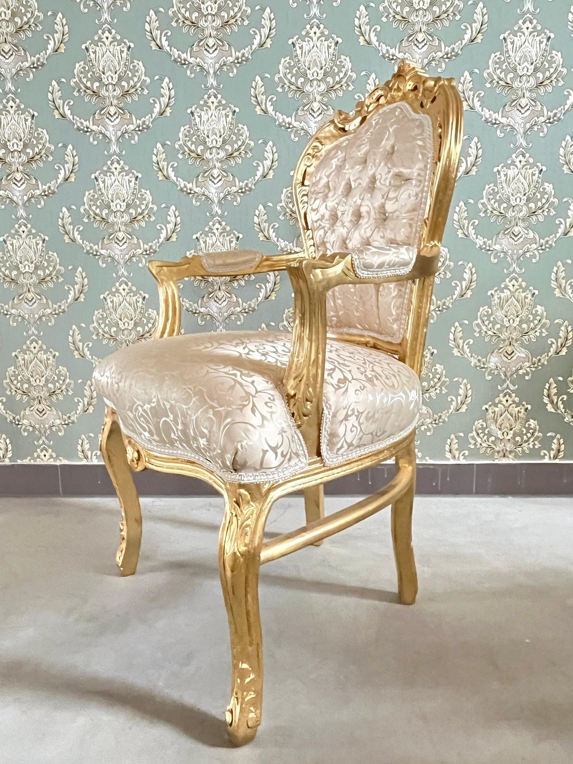 Accent Armchair Beige Color Damask French Louis XV Style Chair in Gold Finish Retro Baroque Rococo Handmade Chair For Xmas Gift Home Decor