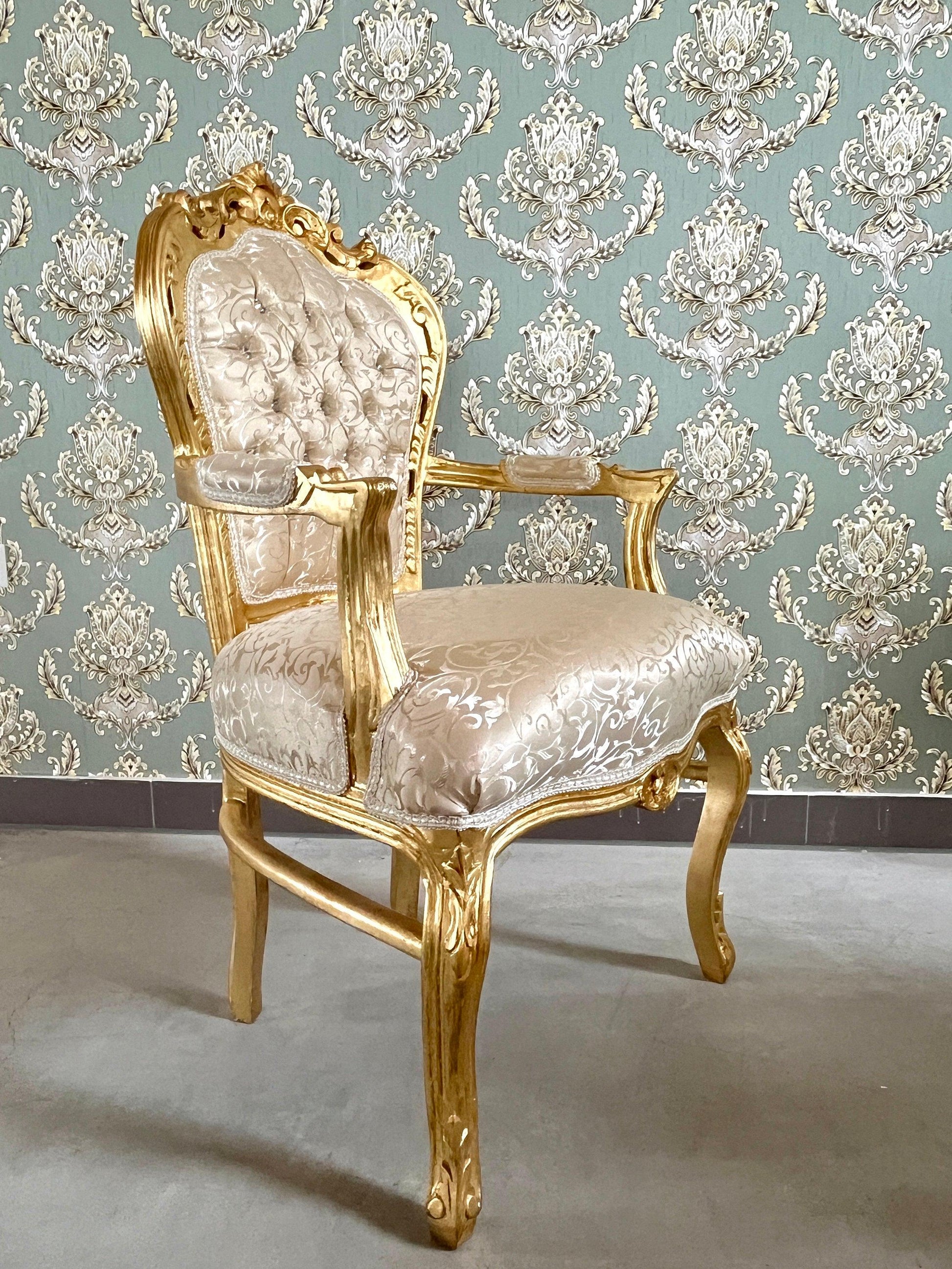 Accent Armchair Beige Color Damask French Louis XV Style Chair in Gold Finish Retro Baroque Rococo Handmade Chair For Xmas Gift Home Decor