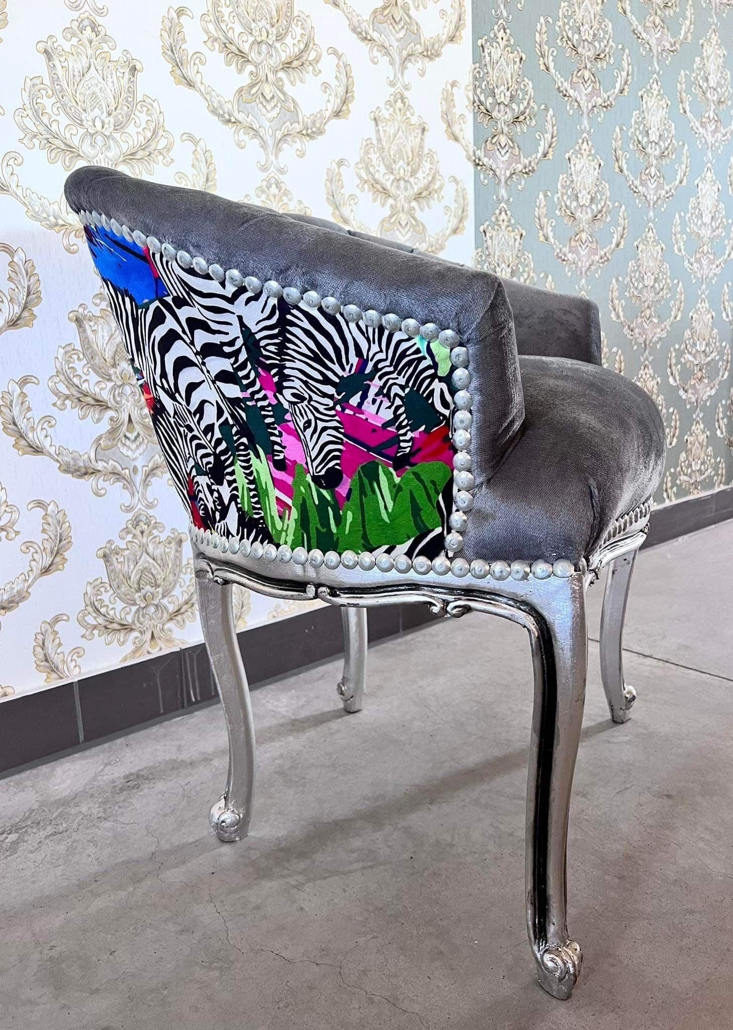 Cocktail Chair Tufted Velvet French Baroque Rococo Style in Animal Jungle Print Colorful Armchair Velvet Black Velvet Grey Lounge Bar Chair