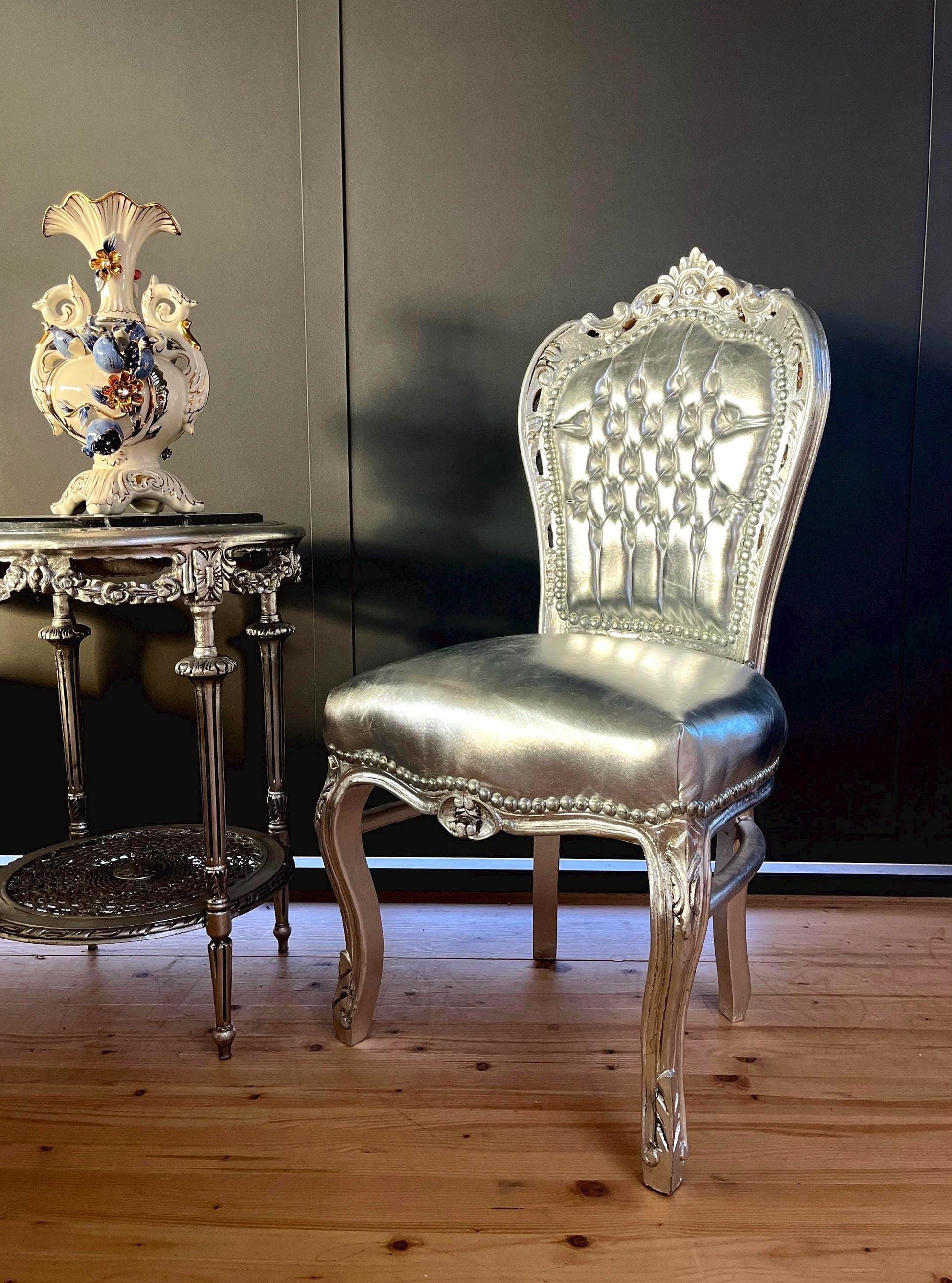 Accent Chair French Louis Style Dining Chair in Silver Finish Antique Style Chair Baroque Rococo Style Chair in Silver