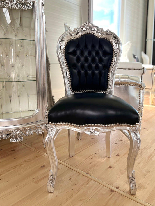 Accent Chair Black Leather Like Silver Finish French Baroque Rococo Style Chair Antique Style Reproduction Dining Chair Black Color for Home
