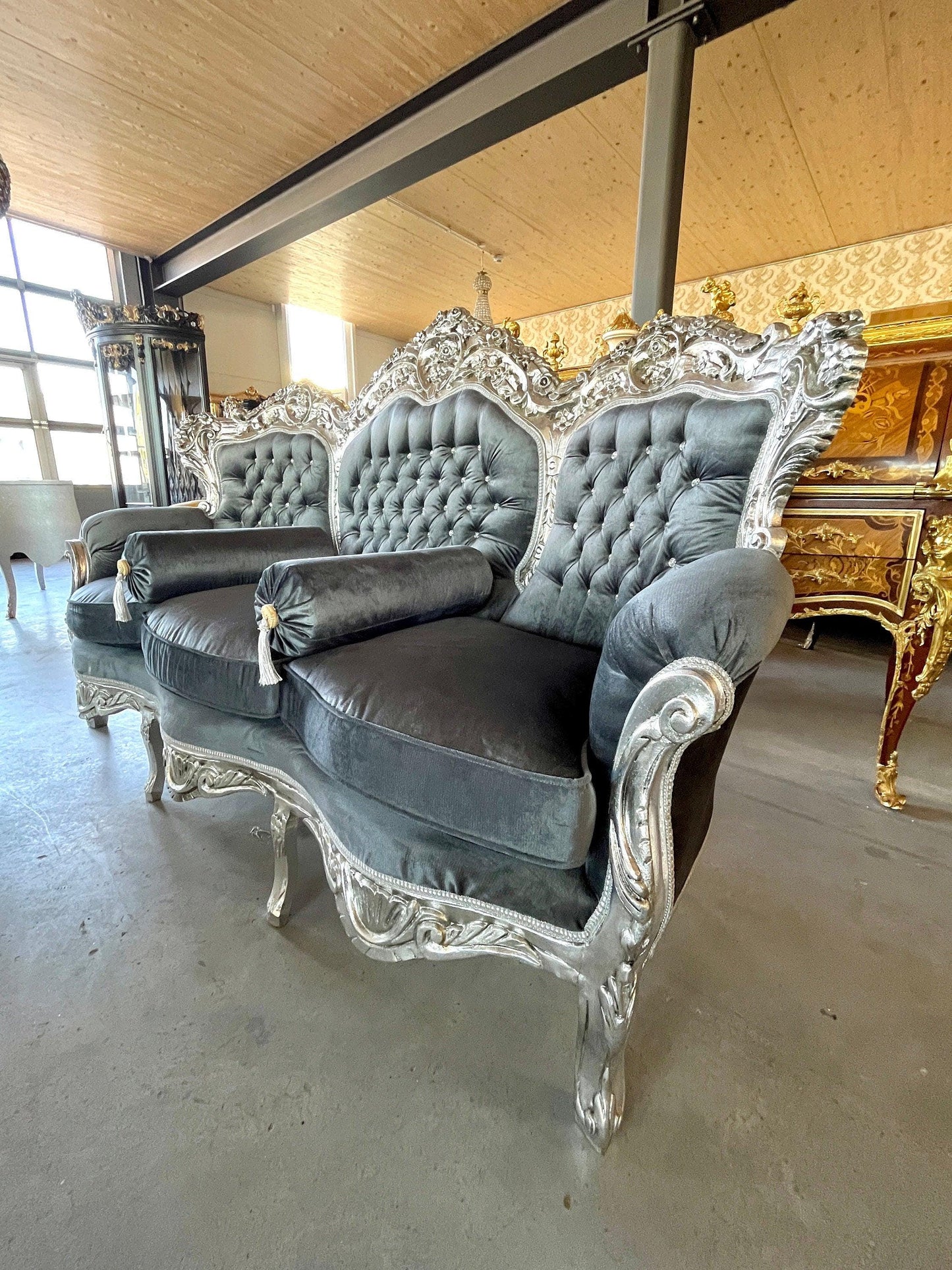 On SALE Sofa Set Retro French Louis Style in Grey Velvet Silver Finish Living Room Baroque Rococo Style for Home Decor