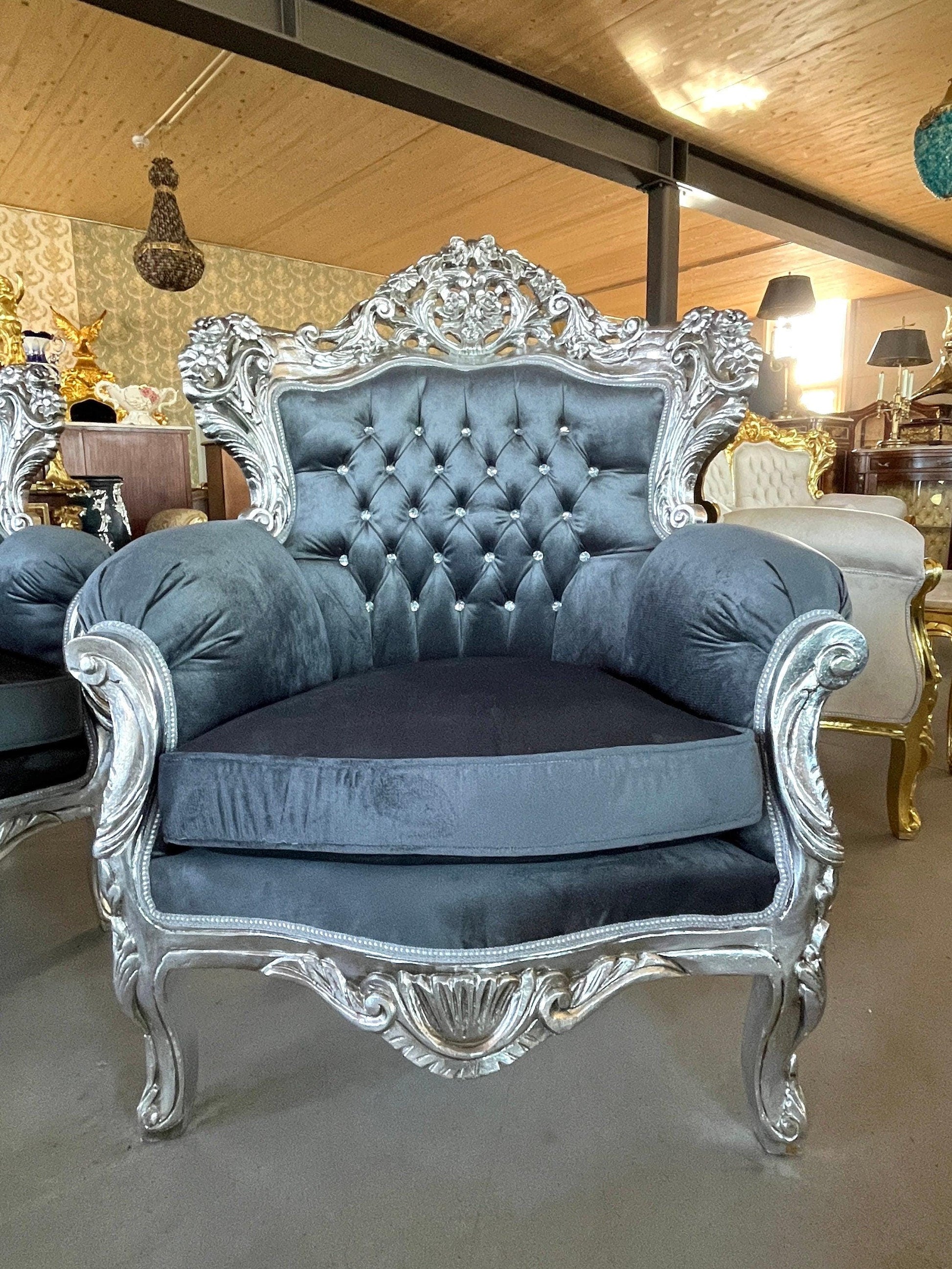 On SALE Sofa Set Retro French Louis Style in Grey Velvet Silver Finish Living Room Baroque Rococo Style for Home Decor