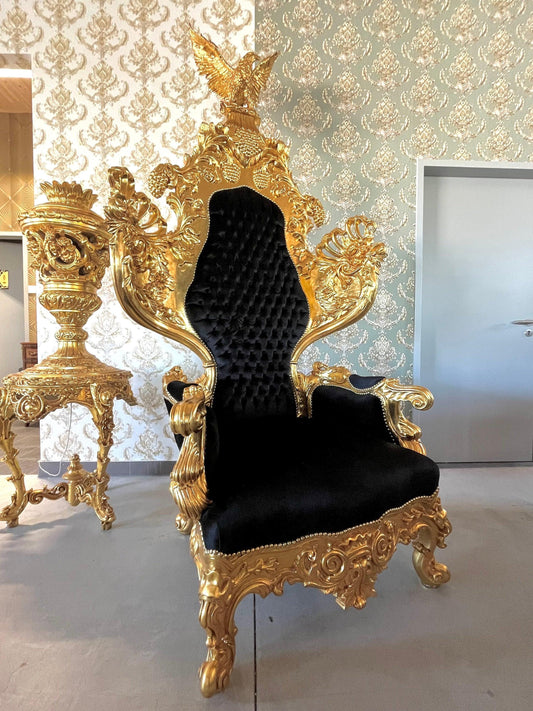 Huge Armchair Baroque Rococo Style King Throne Eagle Shape Black Velvet Gold Finish Noble Piece King Chair for Video Shooting for lounge Bar