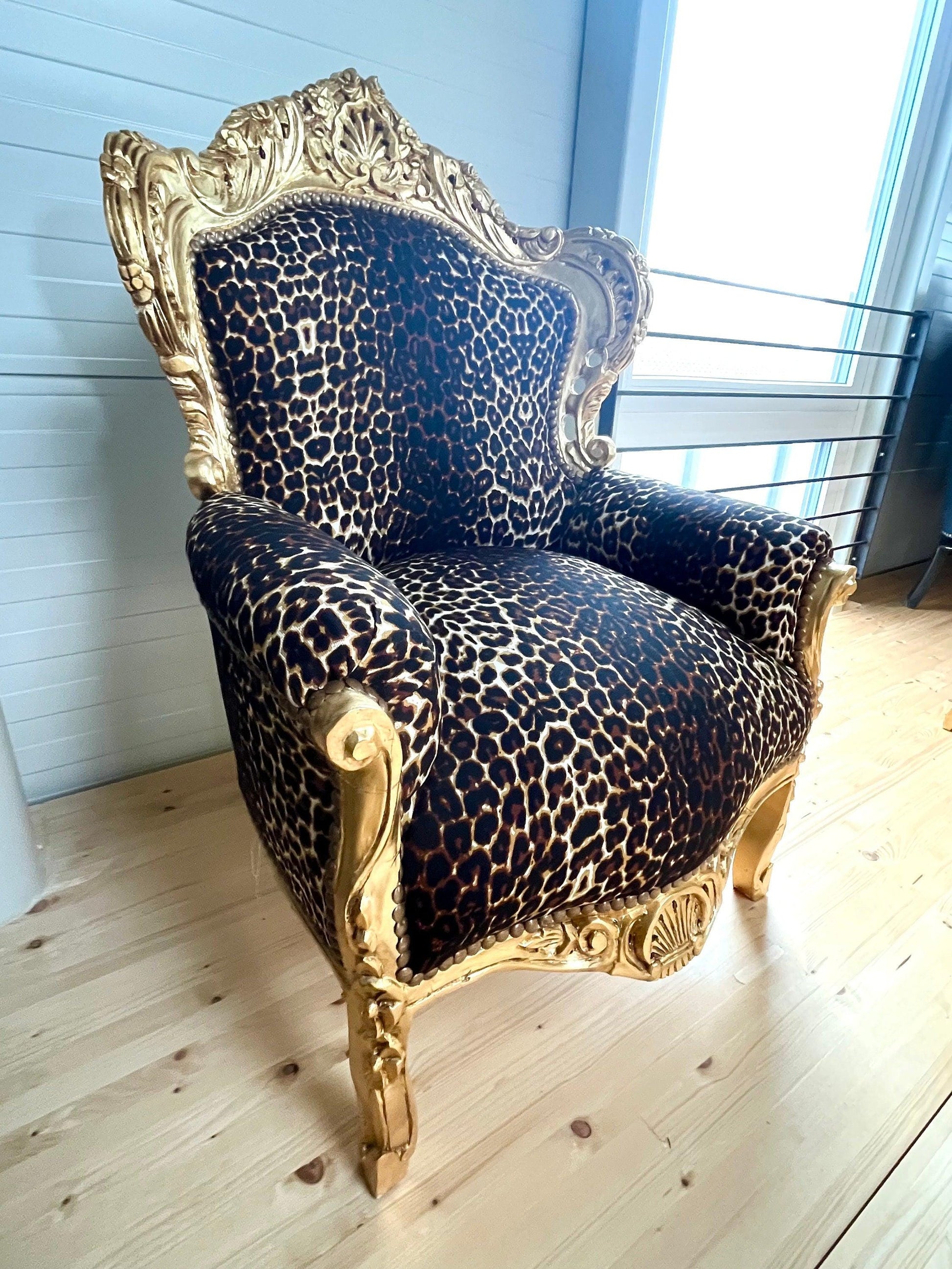 Armchair French Baroque Rococo Style Wooden Sofa Chair Antique Style in Leopard Brown for Living Room Home Decor
