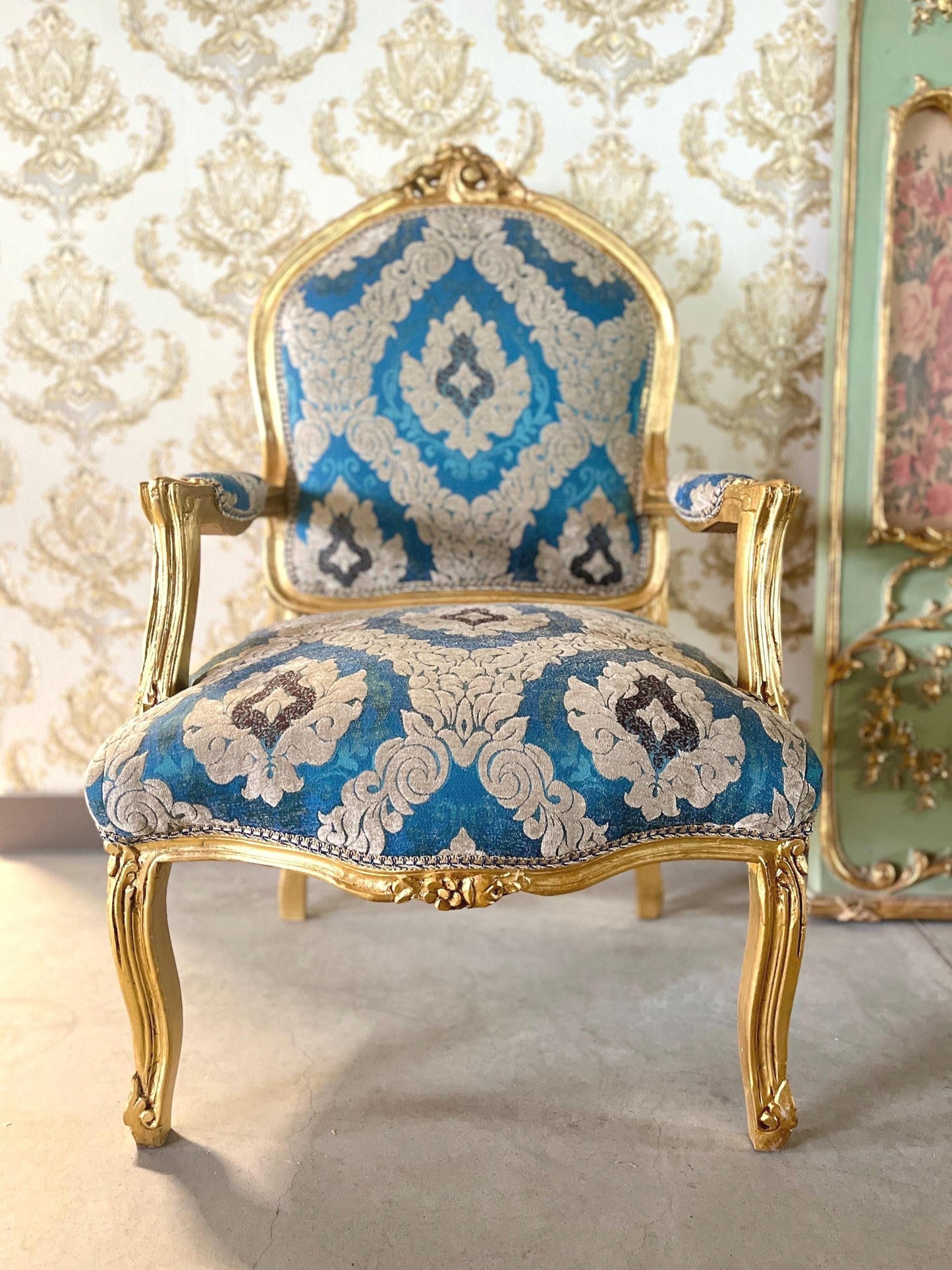 Armchairs French Louis Style in Blue Damask Retro Baroque Rococo Style Armchair Lounge Chair for Home Decor