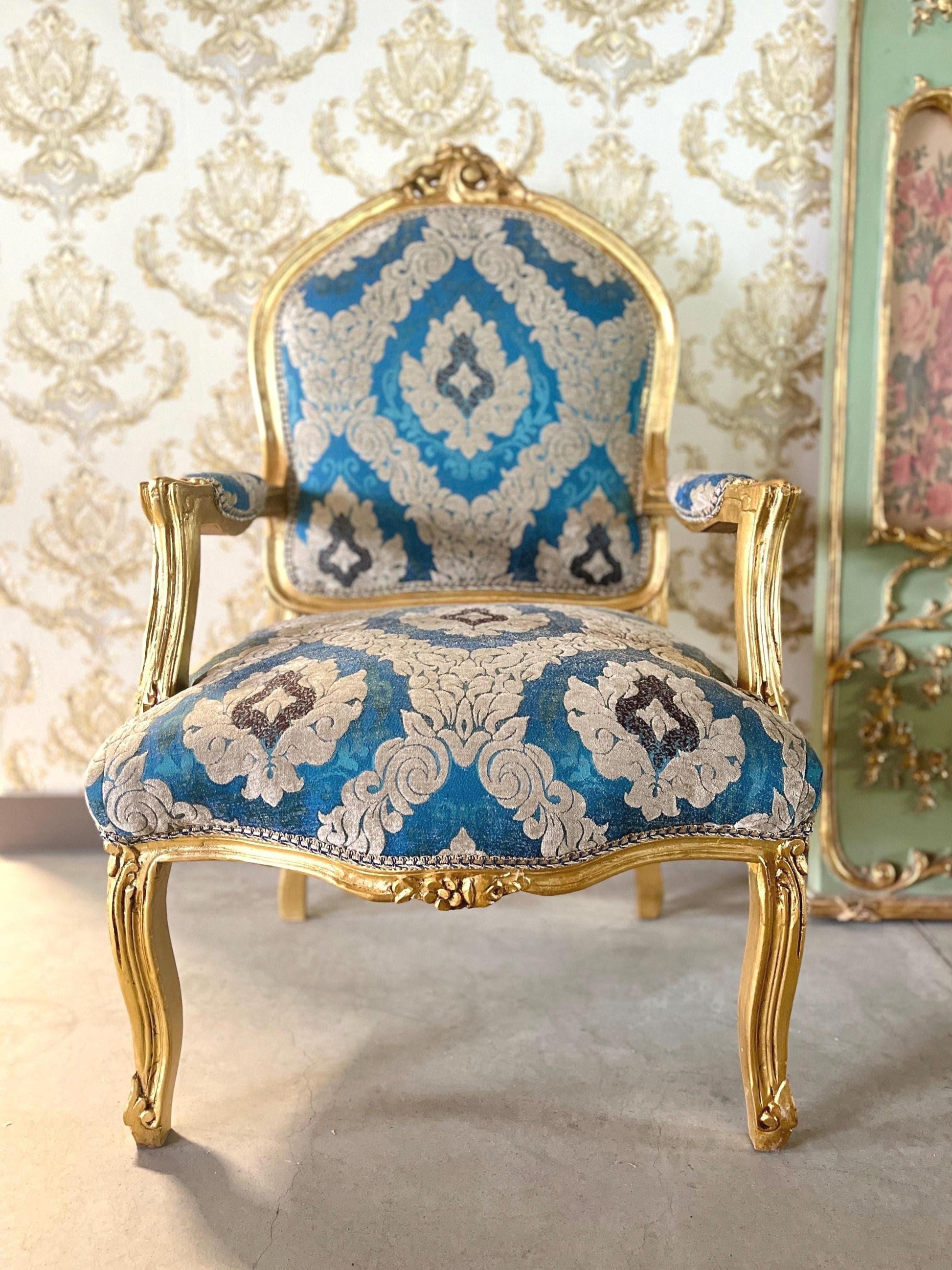 Armchairs French Louis Style in Blue Damask Retro Baroque Rococo Style Armchair Lounge Chair for Home Decor