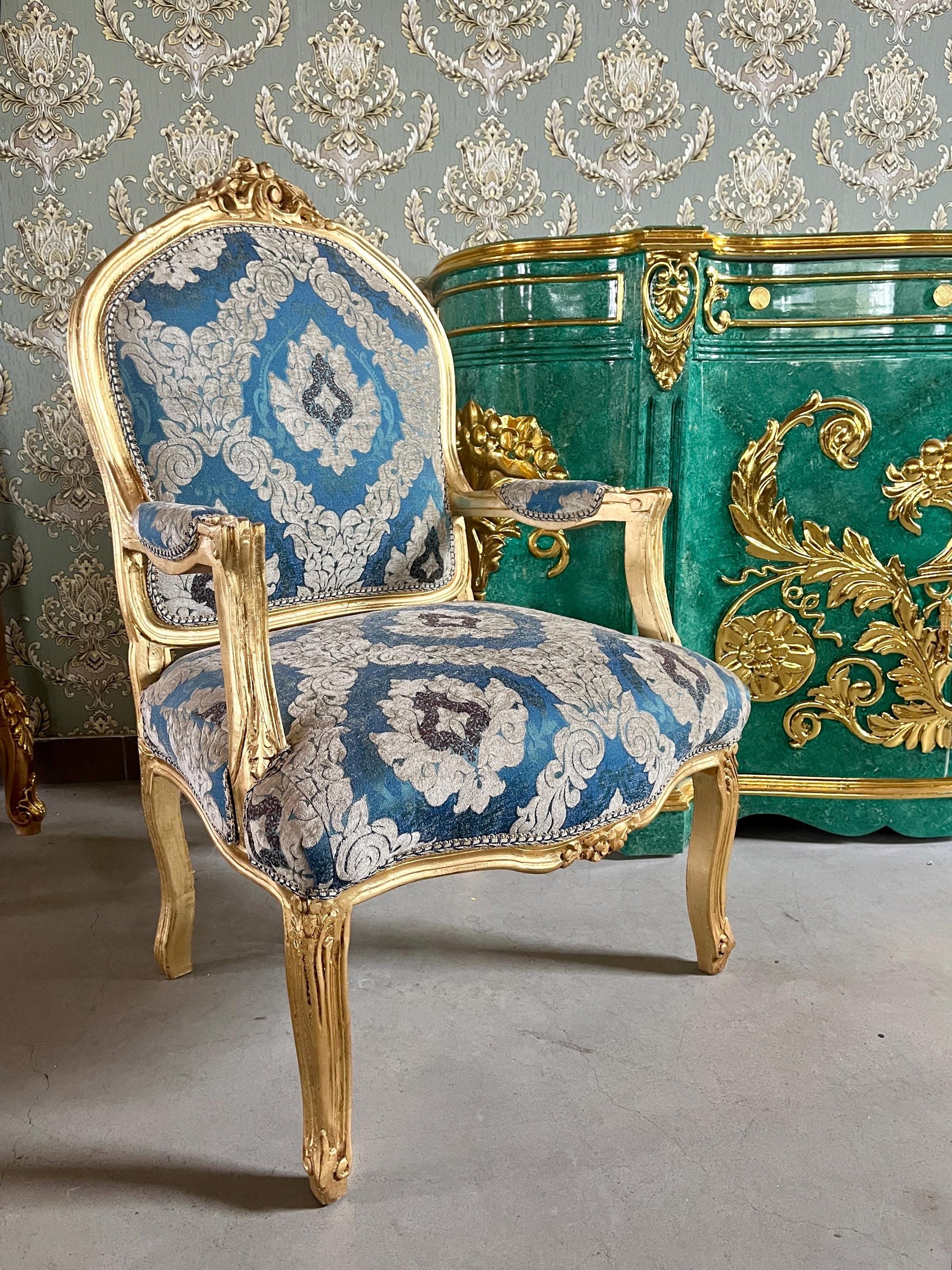 Armchairs French Louis Style in Blue Damask Retro Baroque Rococo Style Armchair Lounge Chair for Home Decor